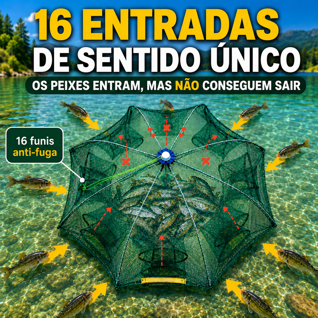 🐠 Rede Armadilha De Pesca Dobrável 96 Cm | 16 Entradas Multifuncionais