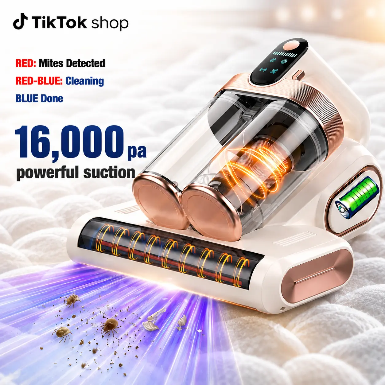 Bed Mattress Vacuum Cleaner Cordless 16Kpa Handheld Vacuum with 253.7nm UV-C Light & HEPA Filter, Portable Vacuums for Sofa Bed, Mother's Day Gifts for Mom Women