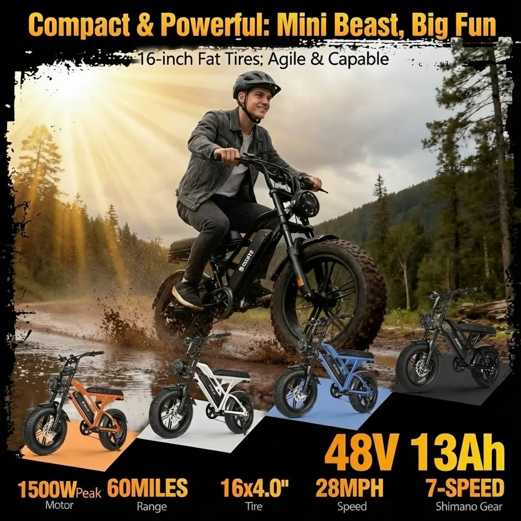 【Summer Big Sale!】E-Bike for Adults, 16" All-Terrain Fat Tire Electric Bicycle, Dual Suspension with 1500W Peak Motor, 48V 13Ah Long Range Battery, 28 MPH Speed for Commuting & Camping, Dual Suspension Ebike
