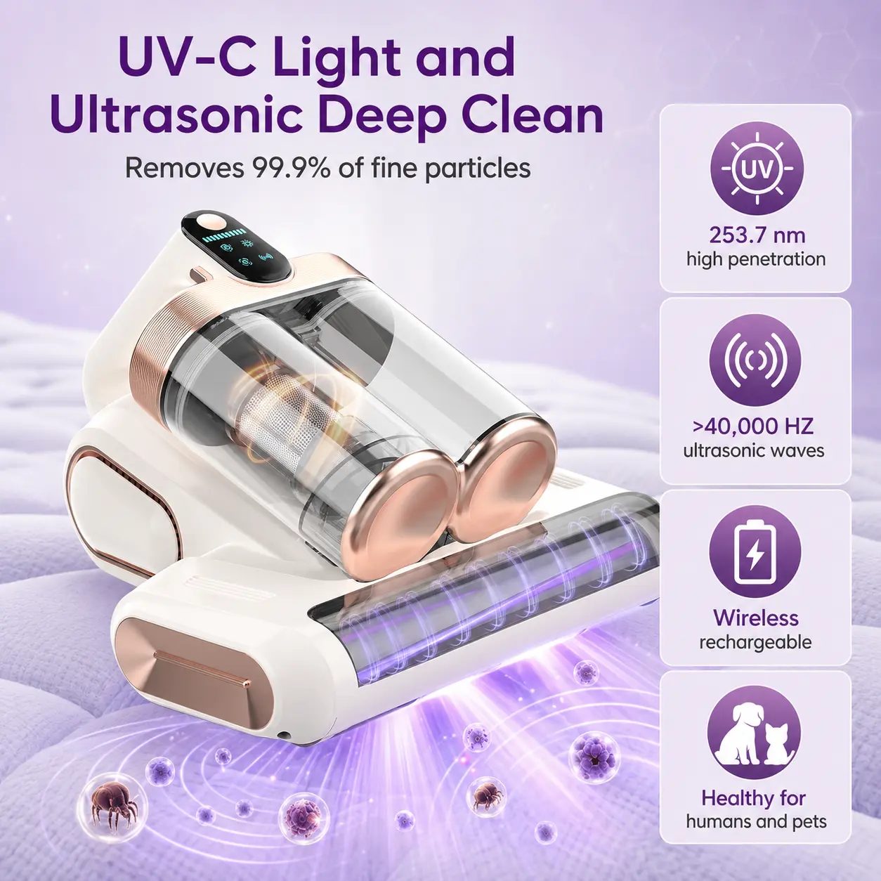 Bed Mattress Vacuum Cleaner Cordless 16Kpa Handheld Vacuum with 253.7nm UV-C Light & HEPA Filter, Portable Vacuums for Sofa Bed, Mother's Day Gifts for Mom Women