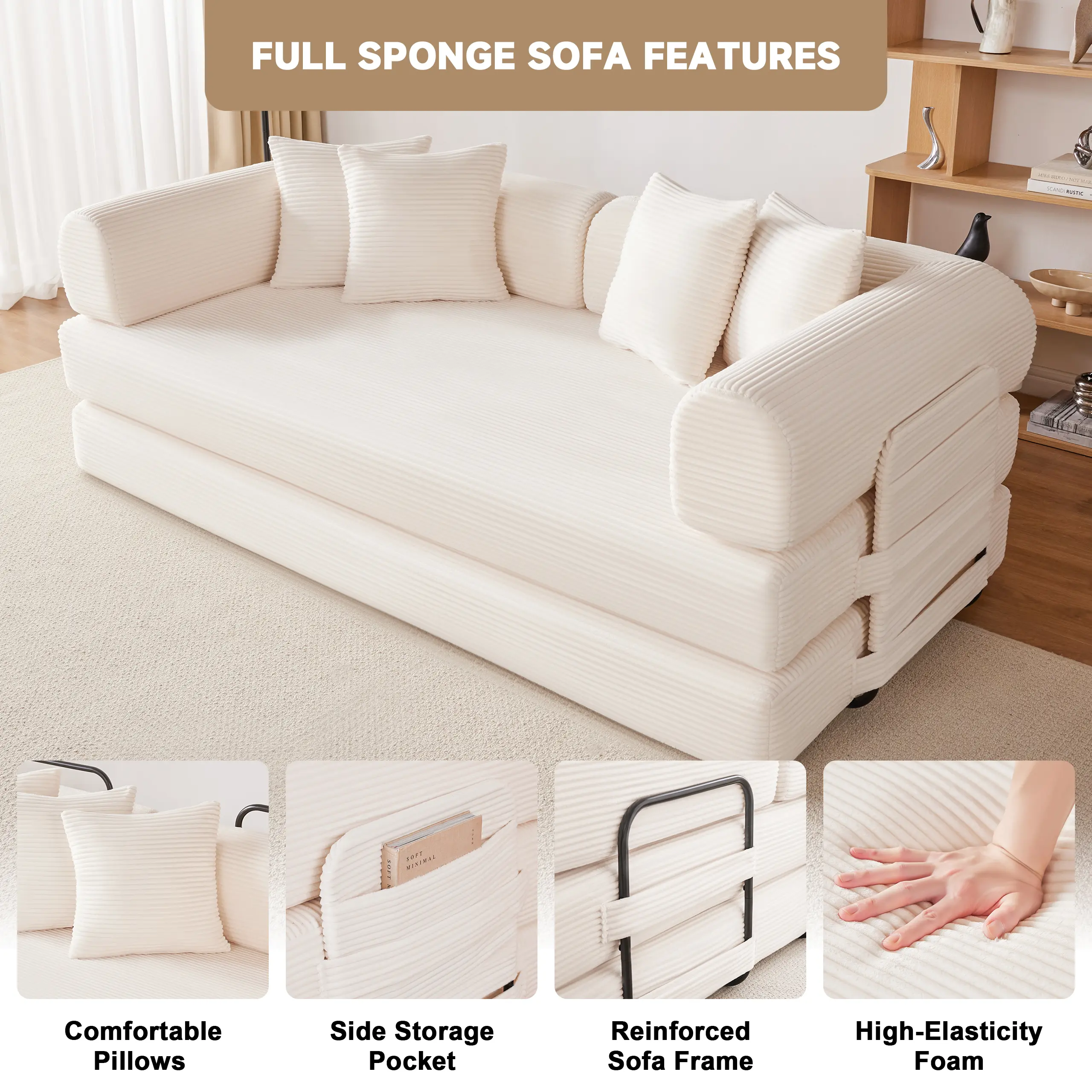 【1/2 Packages】79" Convertible Sleeper Sofa Bed with 4 Pillows