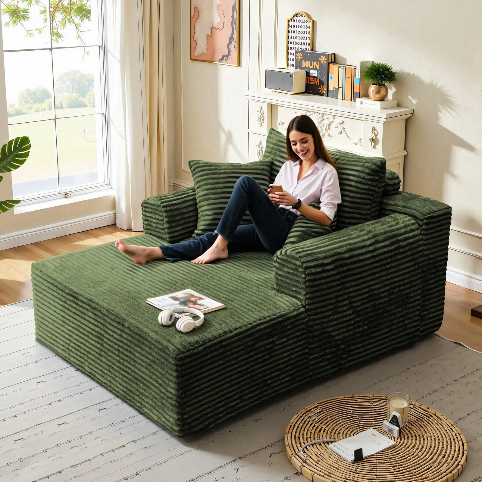 【Summer Clearance 】Oversized Lounge Chair, Boneless Chaise Lounge Living Room Corduroy sofa,Upholstered Fluffy cloud sofa bed with Throw Pillows