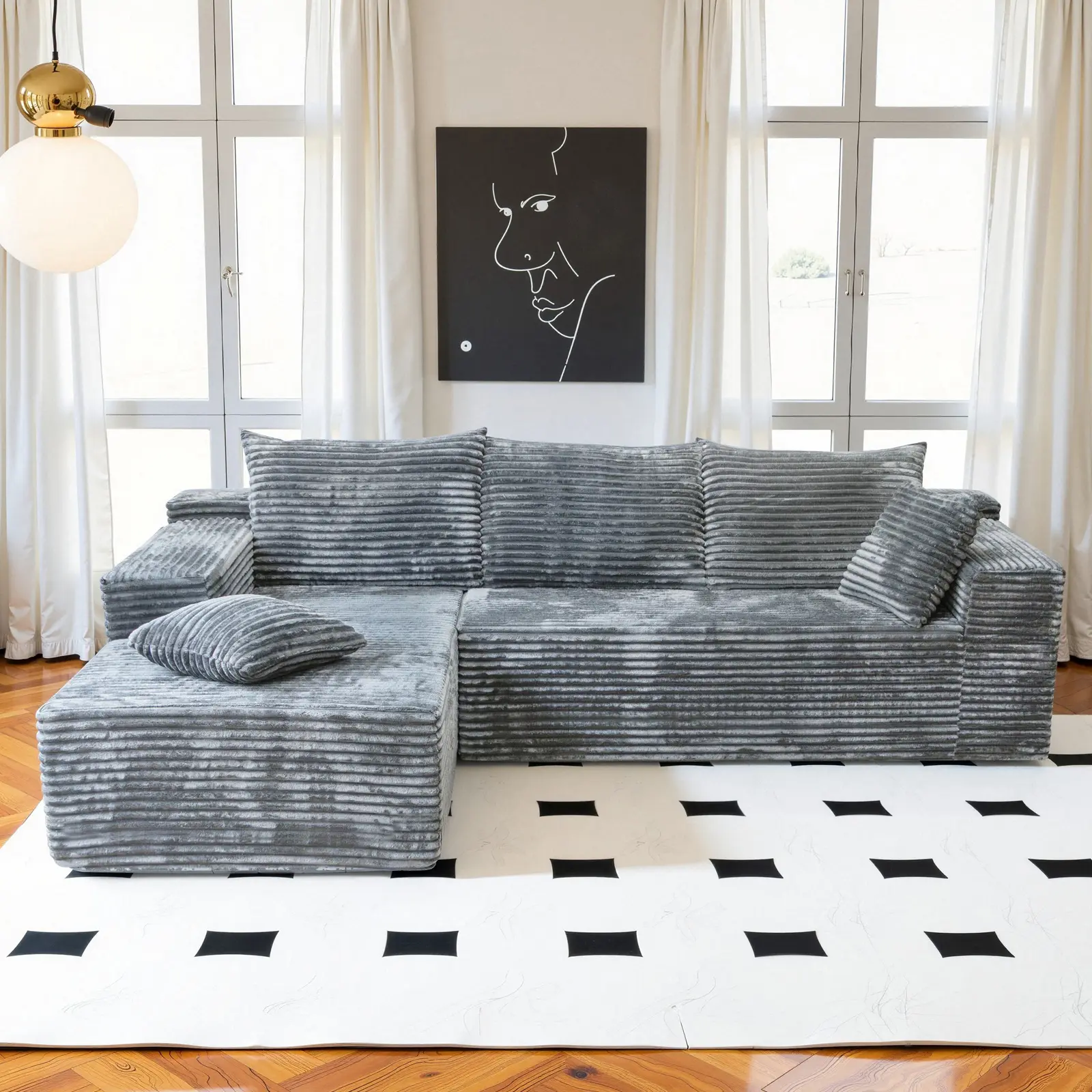 【2 Packages Shipping】106" L-Shaped Boneless Sectional Cloud Couch Corduroy Velvet Modular with Chaise