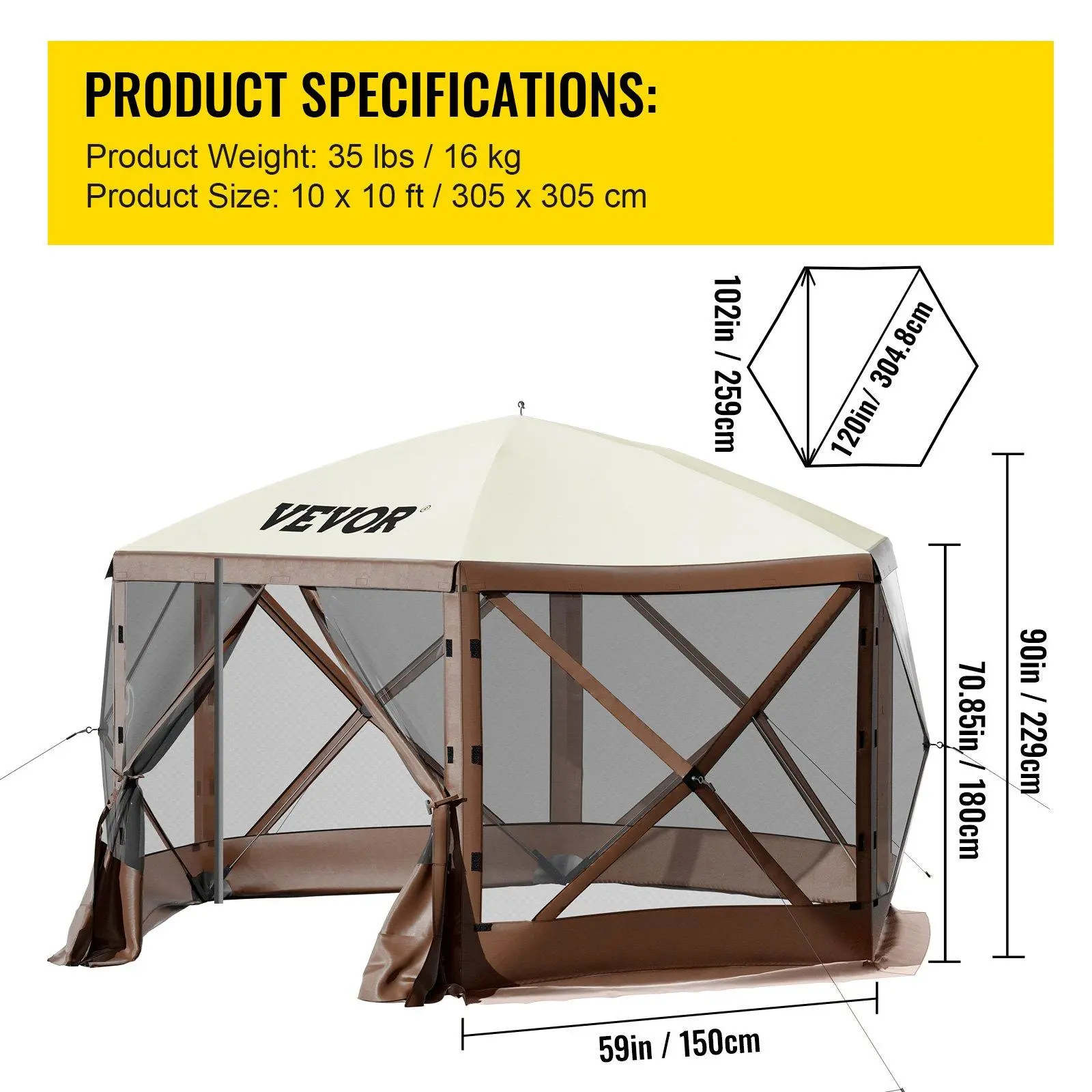 Camping Gazebo Screen Tent, 12*12ft, 6 Sided Pop-up Canopy Shelter Tent with Mesh Windows, Portable Carry Bag