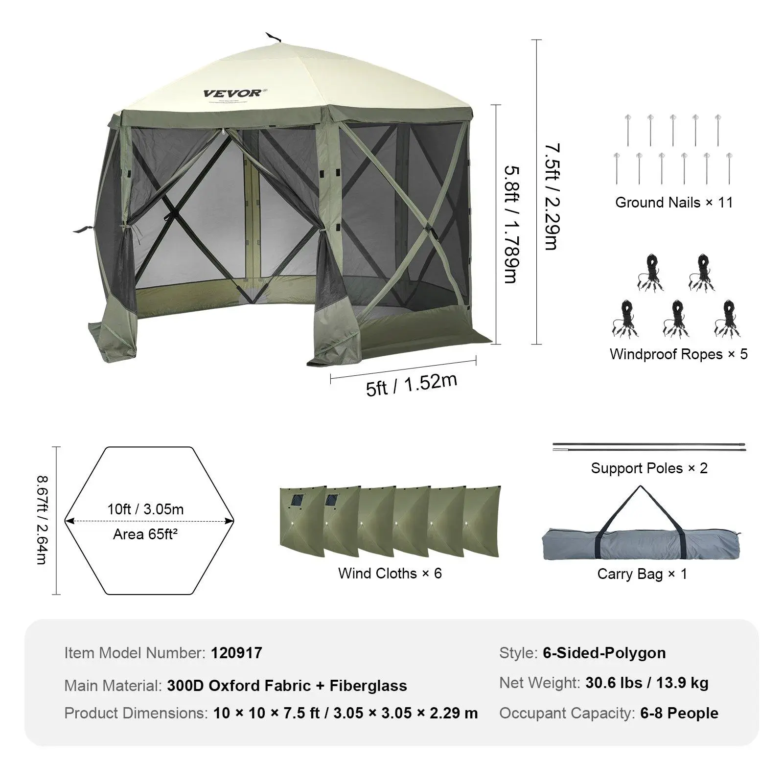 Camping Gazebo Screen Tent, 12*12ft, 6 Sided Pop-up Canopy Shelter Tent with Mesh Windows, Portable Carry Bag