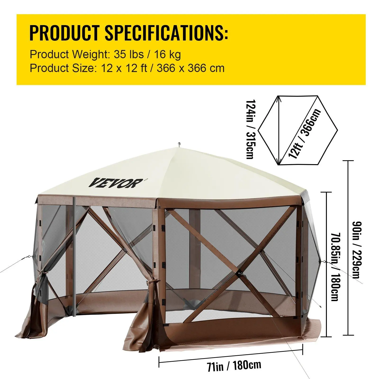 Camping Gazebo Screen Tent, 12*12ft, 6 Sided Pop-up Canopy Shelter Tent with Mesh Windows, Portable Carry Bag