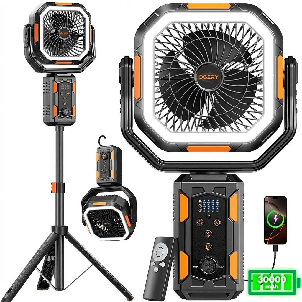 [SummerWins]Camping Fan with Detachable Tripod, 30000mAh Rechargeable Fan with LED Lights & 270° Pivot,4 in 1 Cordless Camping Fan