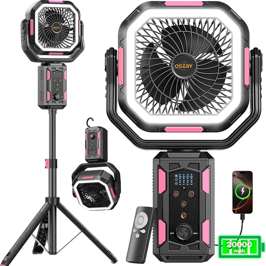 [SummerWins]Camping Fan with Detachable Tripod, 30000mAh Rechargeable Fan with LED Lights & 270° Pivot,4 in 1 Cordless Camping Fan
