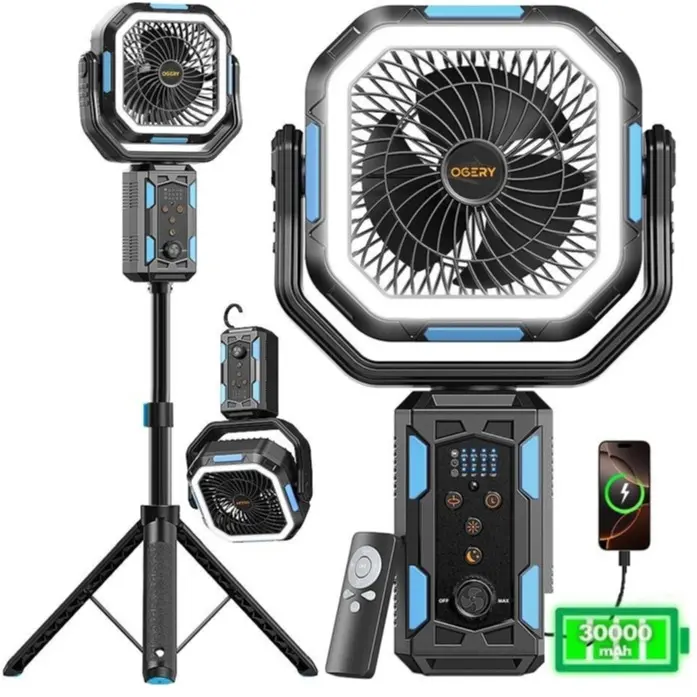 [SummerWins]Camping Fan with Detachable Tripod, 30000mAh Rechargeable Fan with LED Lights & 270° Pivot,4 in 1 Cordless Camping Fan