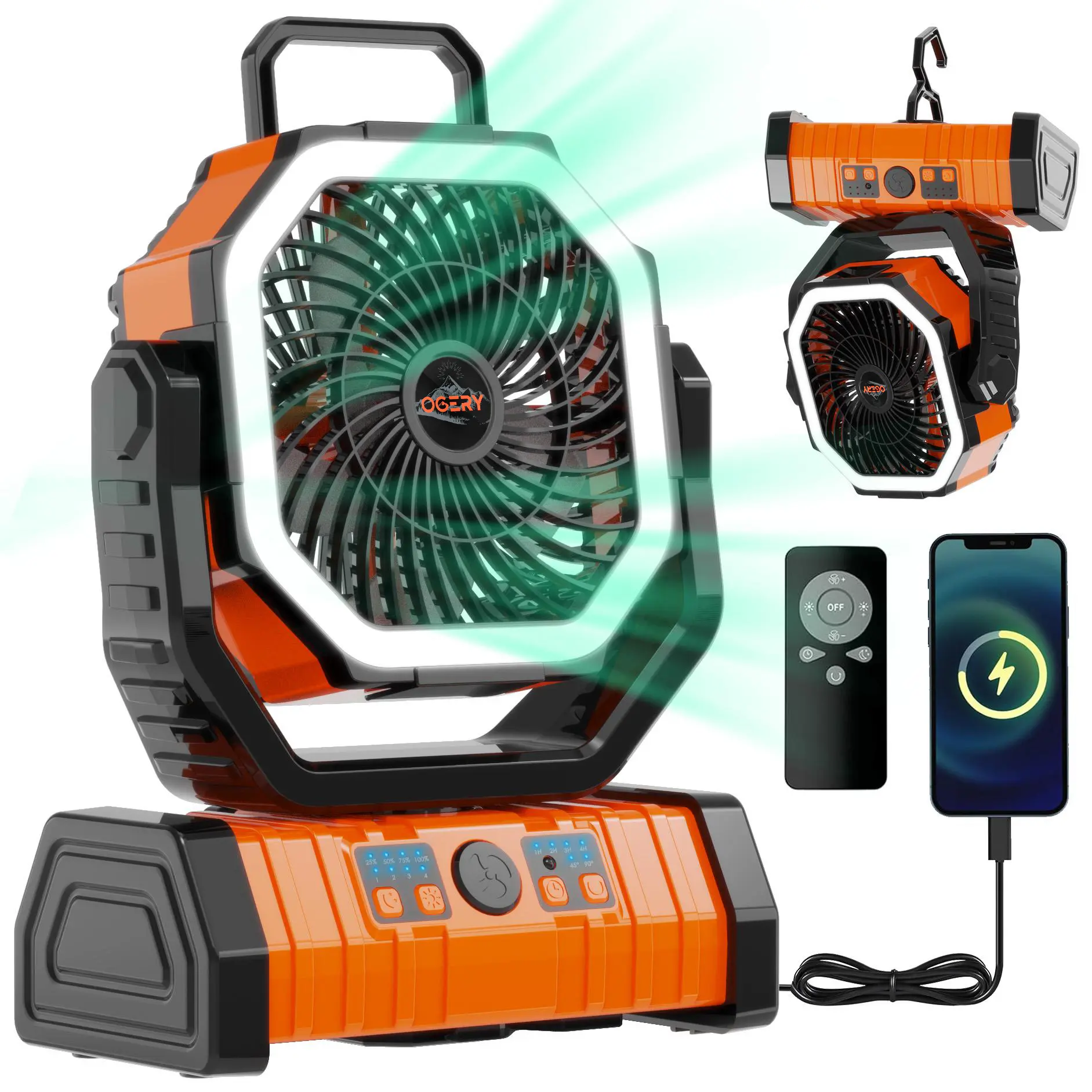 Rechargeable Camping Fan with LED Light, Portable Multi-functional Fan with 360° Rotating Hook