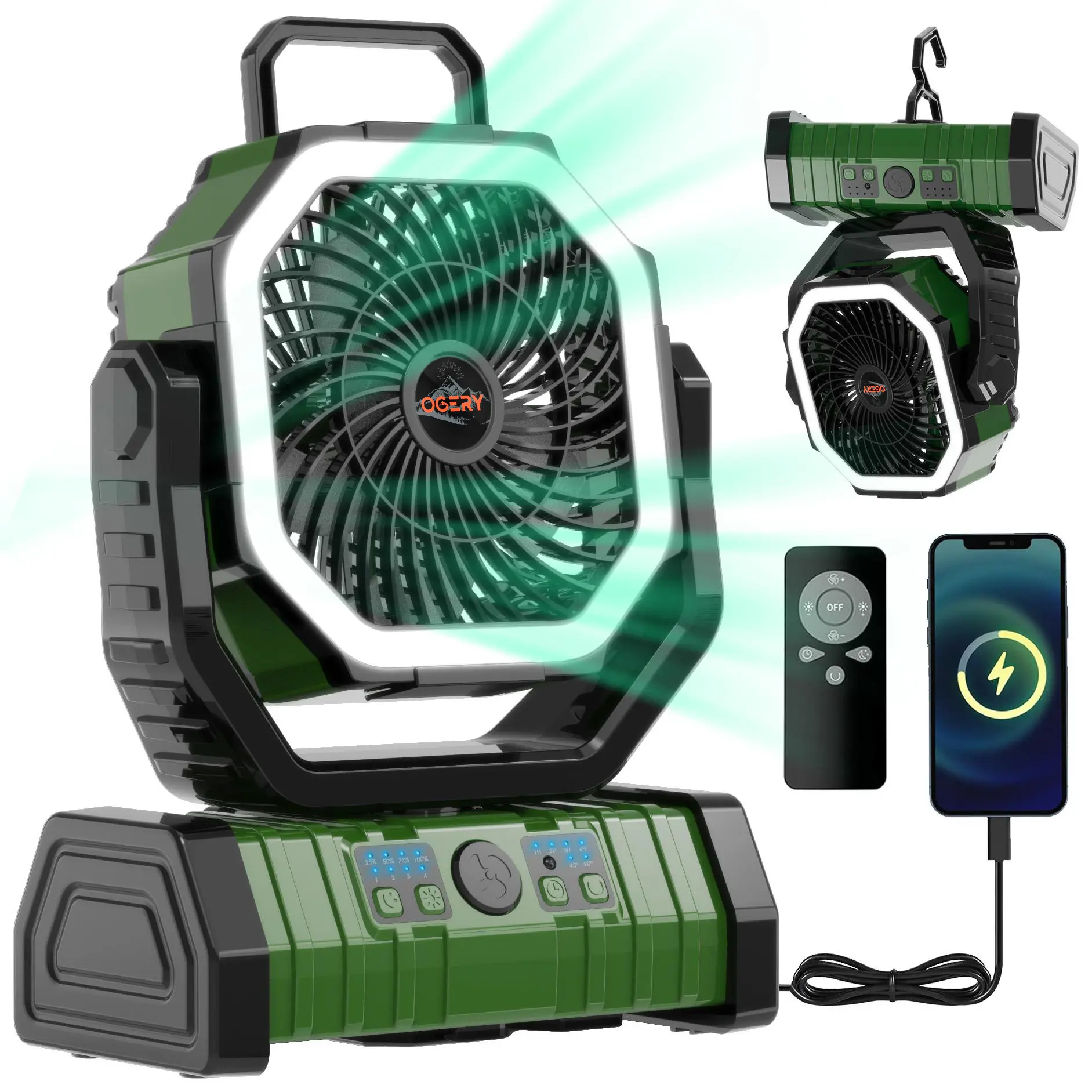 Rechargeable Camping Fan with LED Light, Portable Multi-functional Fan with 360° Rotating Hook