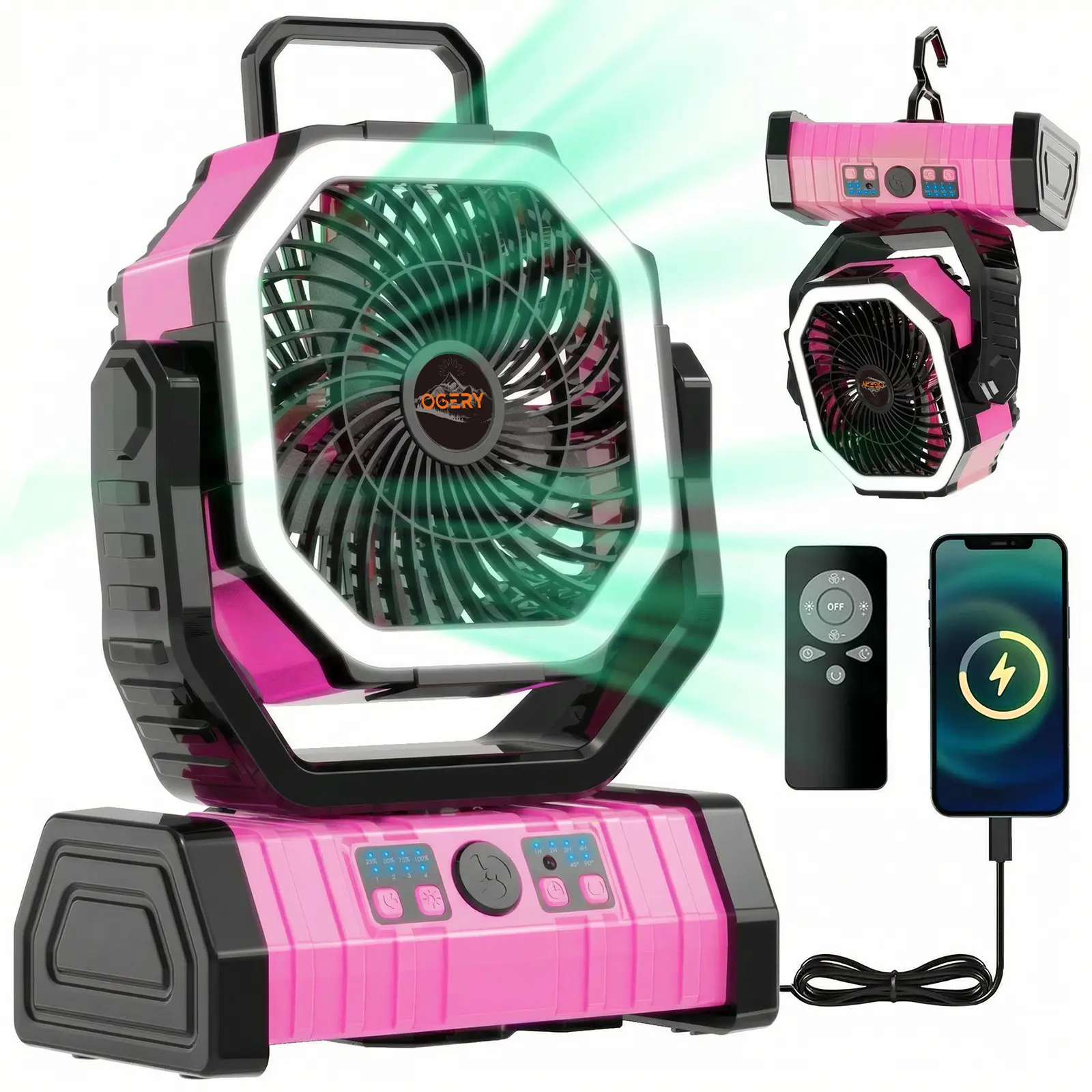 Rechargeable Camping Fan with LED Light, Portable Multi-functional Fan with 360° Rotating Hook