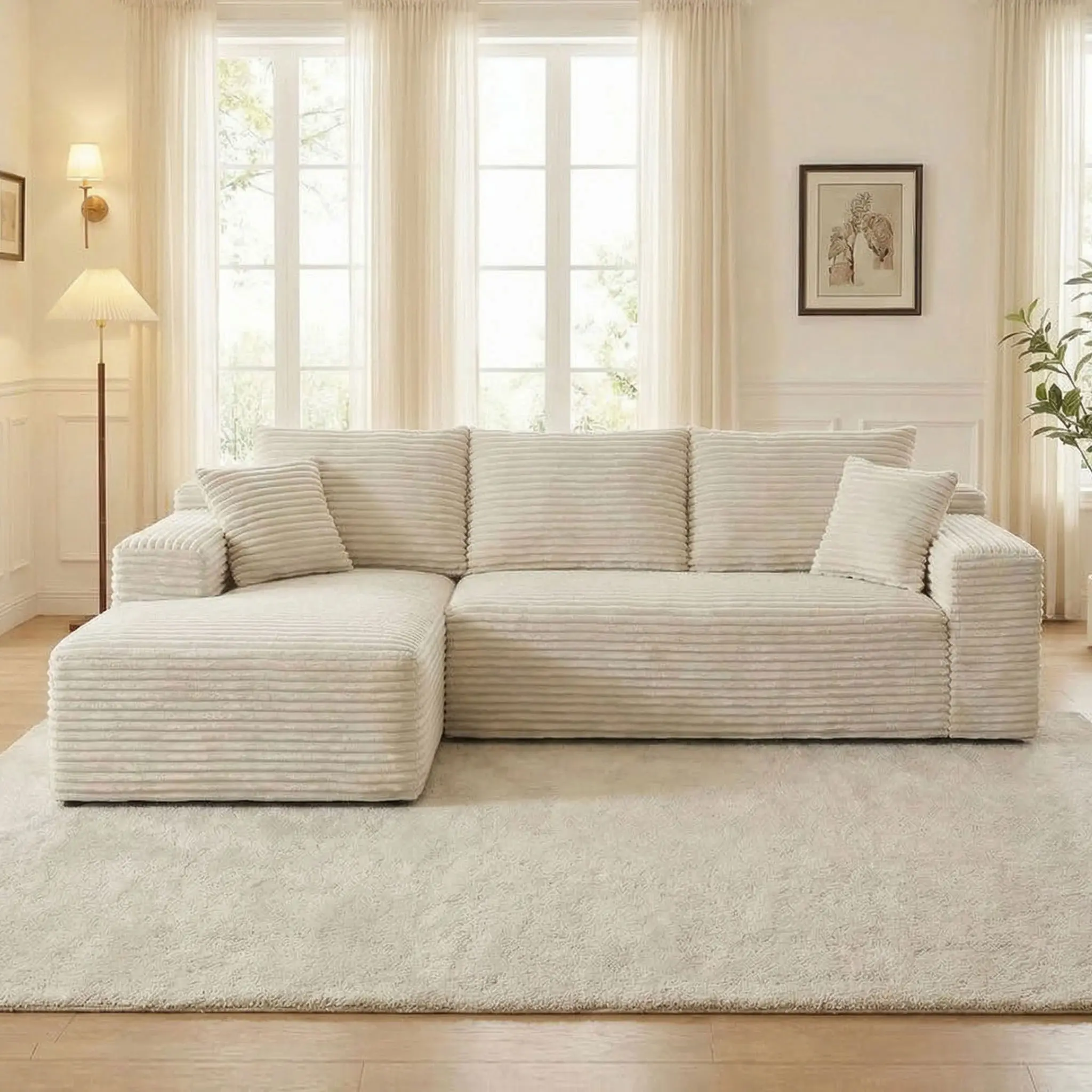 【2 Packages Shipping】106" L-Shaped Boneless Sectional Cloud Couch Corduroy Velvet Modular with Chaise