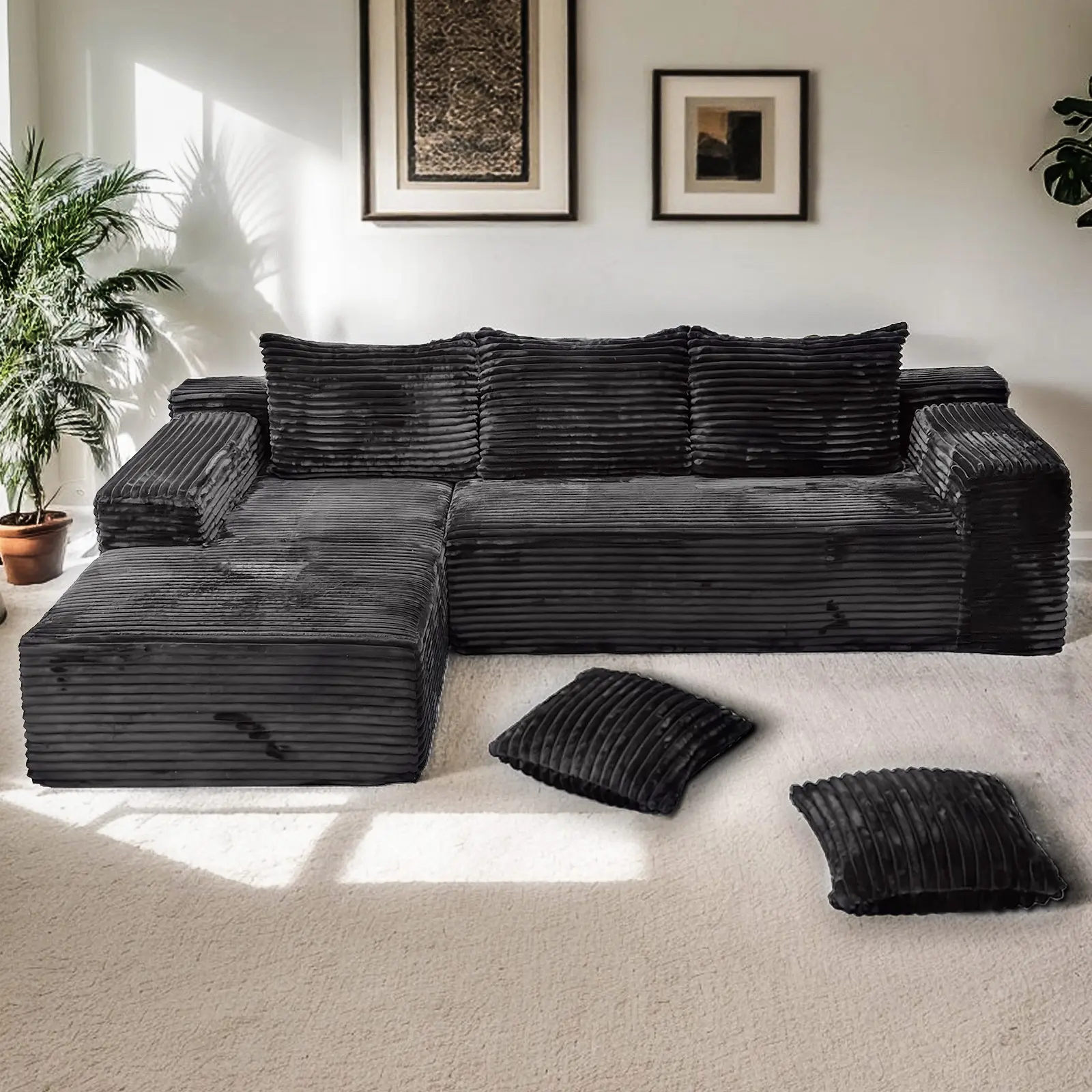 【2 Packages Shipping】106" L-Shaped Boneless Sectional Cloud Couch Corduroy Velvet Modular with Chaise