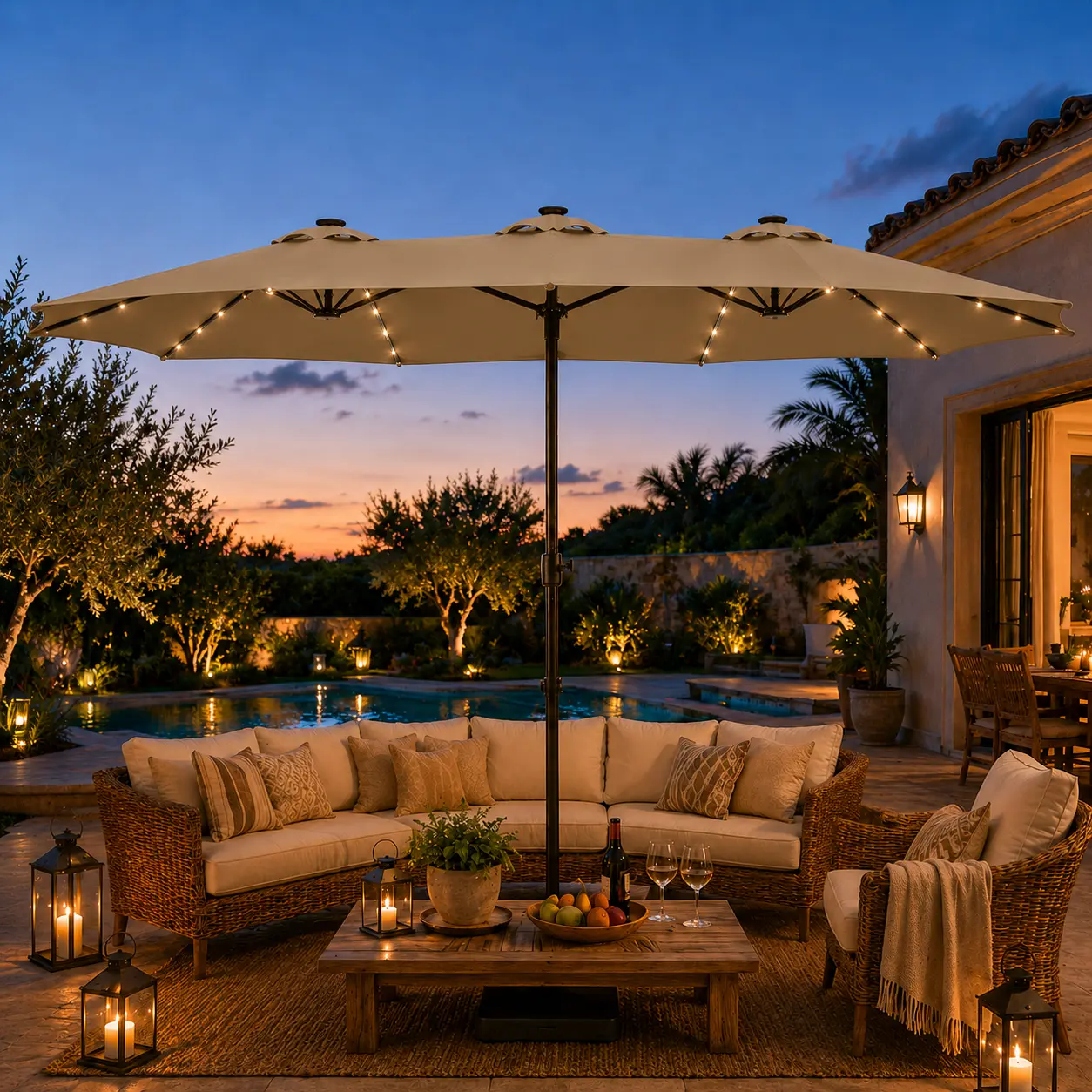 13/15ft Large Patio Umbrella , Outdoor Double-Sided Rectangle Umbrella with 36 LED Lights & Crank for Patio Garden Pool Lawn Backyard