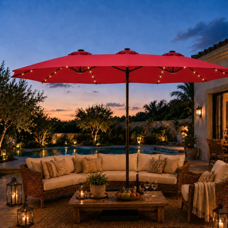 13/15ft Large Patio Umbrella , Outdoor Double-Sided Rectangle Umbrella with 36 LED Lights & Crank for Patio Garden Pool Lawn Backyard