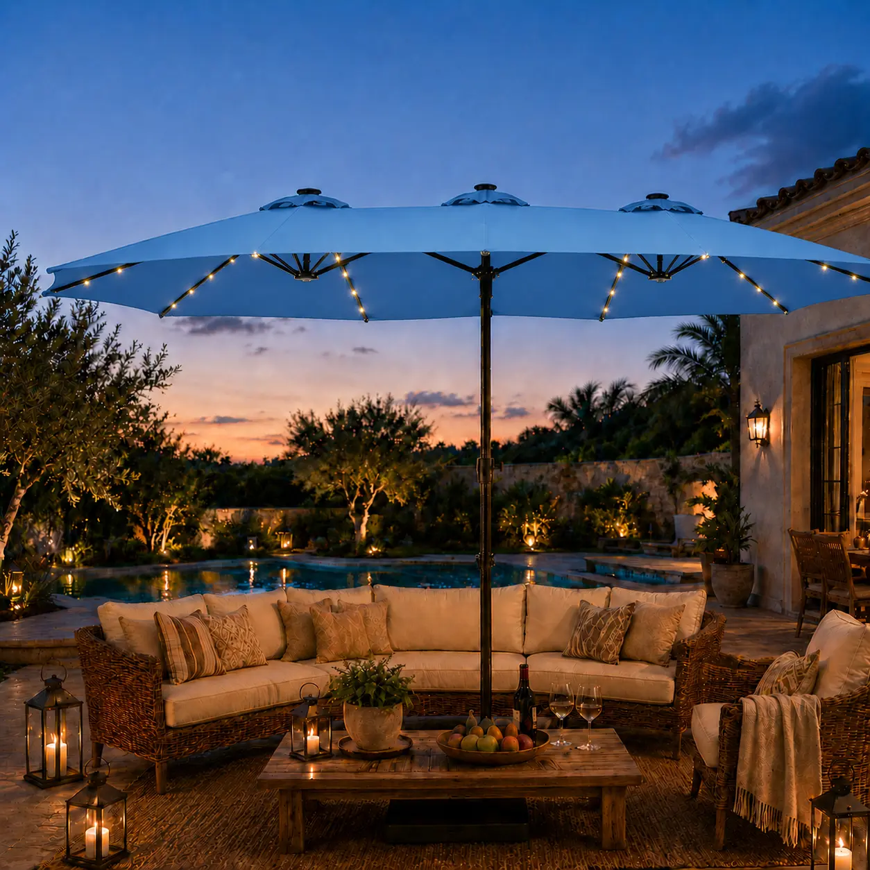 13/15ft Large Patio Umbrella , Outdoor Double-Sided Rectangle Umbrella with 36 LED Lights & Crank for Patio Garden Pool Lawn Backyard