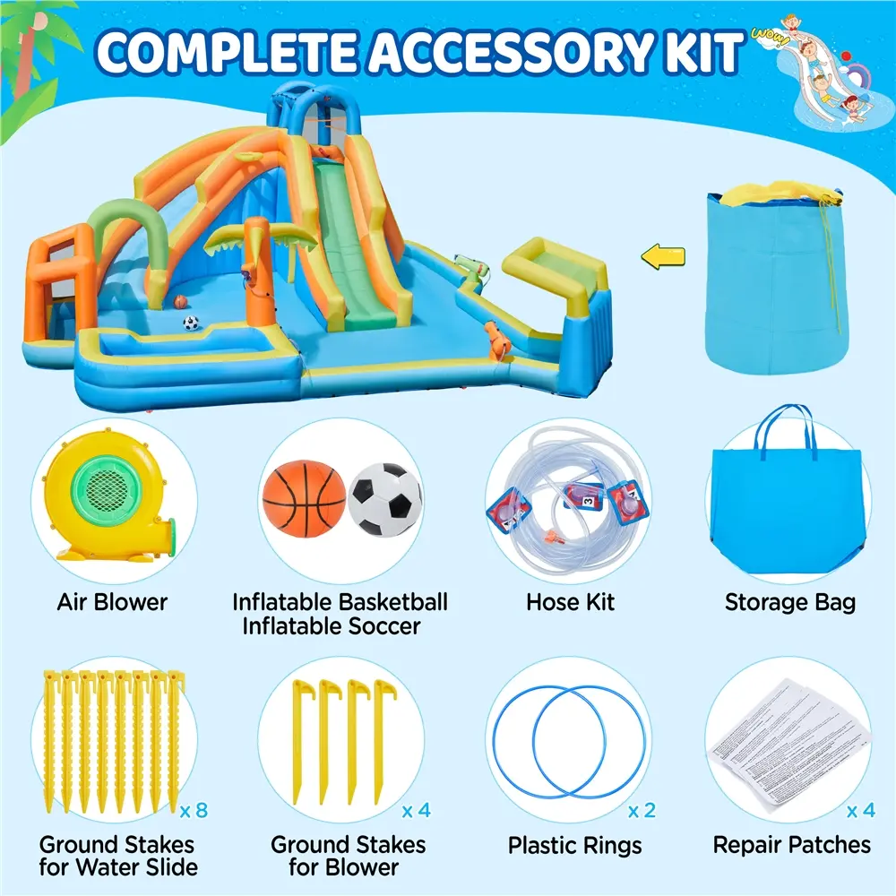 Cooling Inflatable Water Slide w/ 2 Long Slides & Large Climbing Wall & Small Deeper Pool & Awning for Kids Aged 3 to 10, Outdoor Water Slide w/Storage Bag & 950W Blower