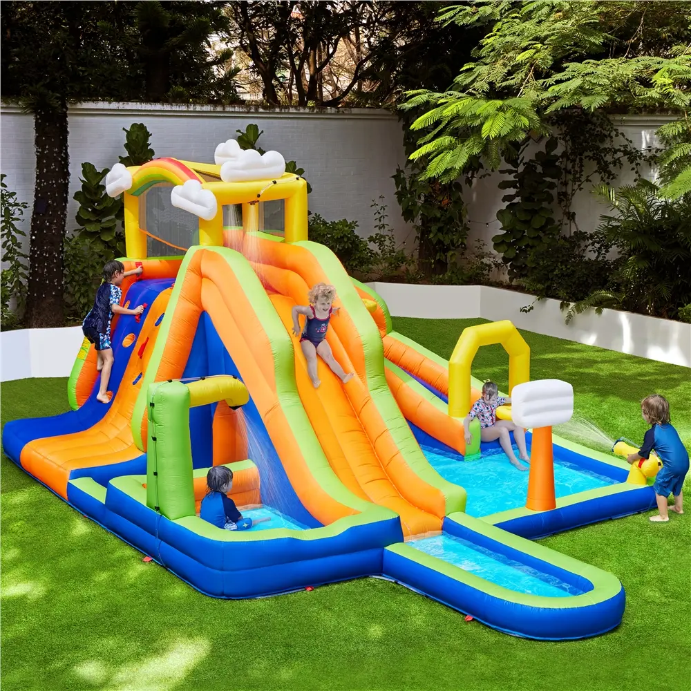 Cooling Inflatable Water Slide w/ 2 Long Slides & Large Climbing Wall & Small Deeper Pool & Awning for Kids Aged 3 to 10, Outdoor Water Slide w/Storage Bag & 950W Blower