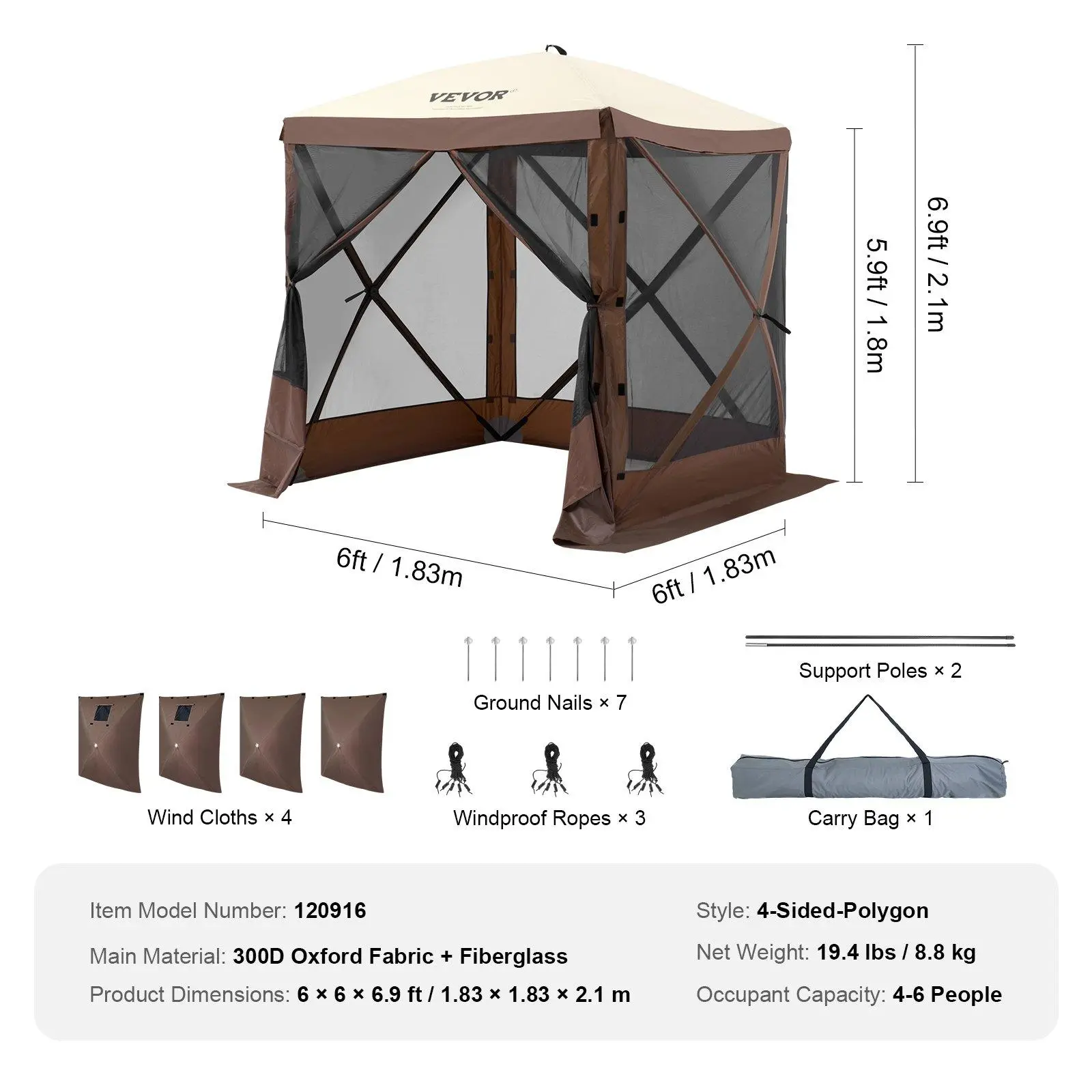 Camping Gazebo Screen Tent, 12*12ft, 6 Sided Pop-up Canopy Shelter Tent with Mesh Windows, Portable Carry Bag