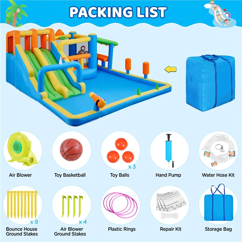 Cooling Inflatable Water Slide w/ 2 Long Slides & Large Climbing Wall & Small Deeper Pool & Awning for Kids Aged 3 to 10, Outdoor Water Slide w/Storage Bag & 950W Blower