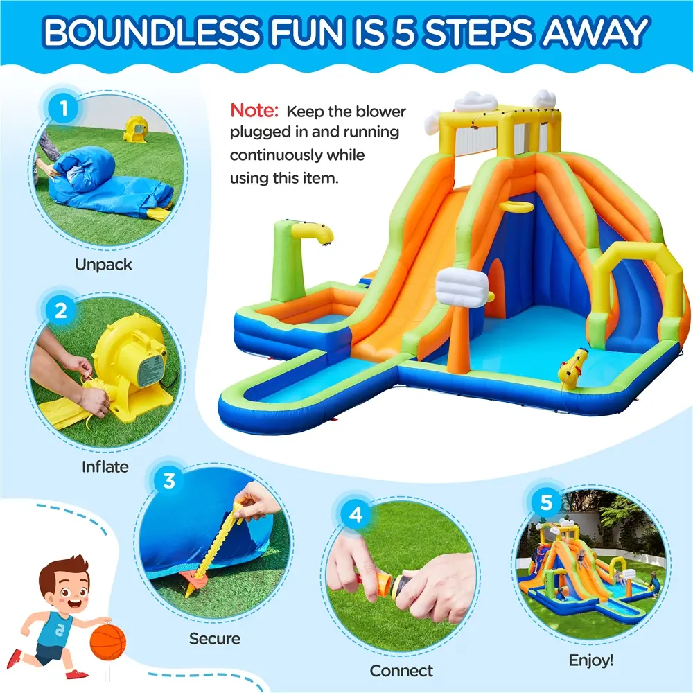 Cooling Inflatable Water Slide w/ 2 Long Slides & Large Climbing Wall & Small Deeper Pool & Awning for Kids Aged 3 to 10, Outdoor Water Slide w/Storage Bag & 950W Blower