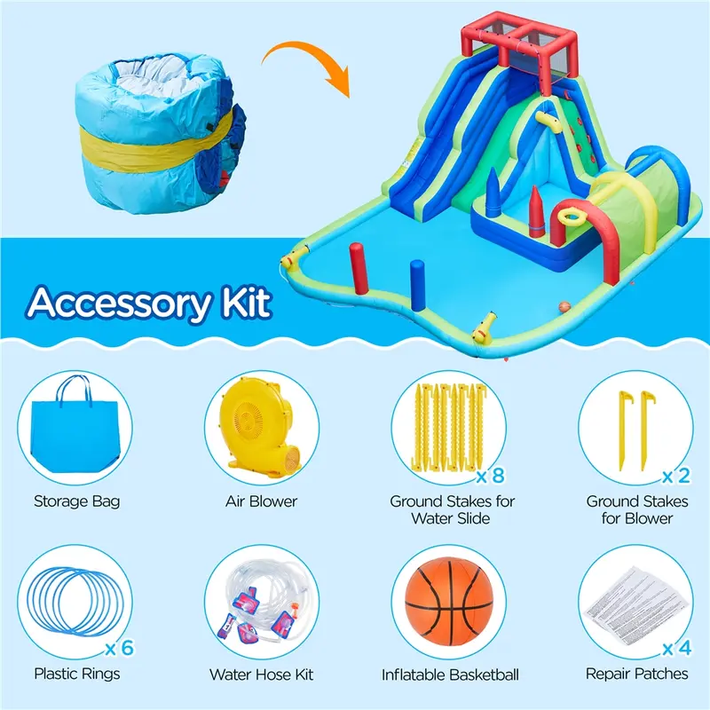 Cooling Inflatable Water Slide w/ 2 Long Slides & Large Climbing Wall & Small Deeper Pool & Awning for Kids Aged 3 to 10, Outdoor Water Slide w/Storage Bag & 950W Blower