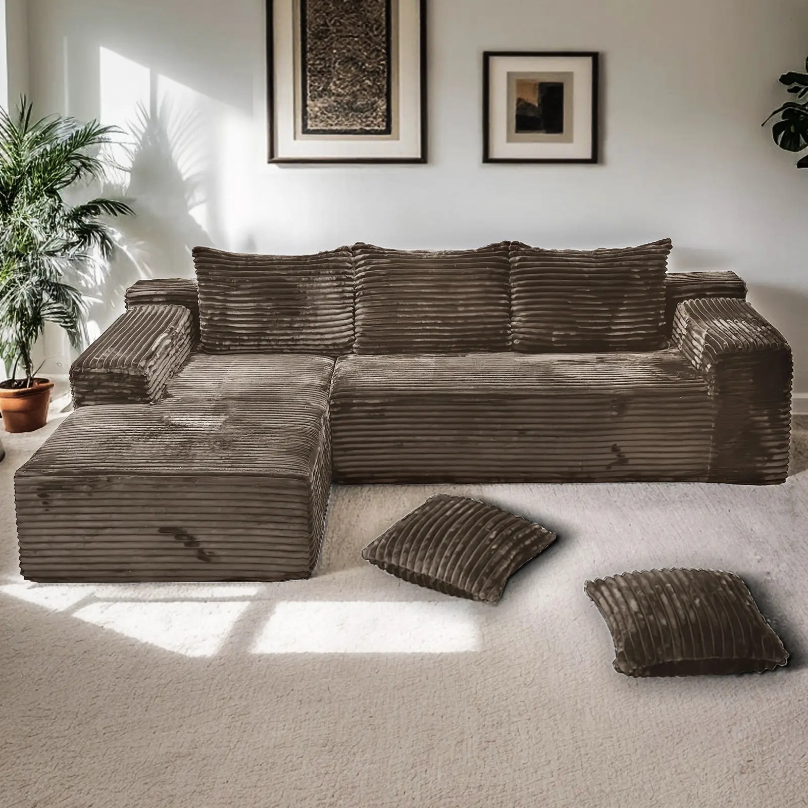 【2 Packages Shipping】106" L-Shaped Boneless Sectional Cloud Couch Corduroy Velvet Modular with Chaise