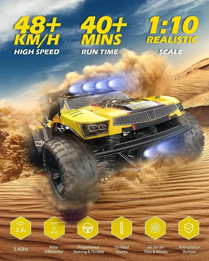 DEERC 9201E 1:10 Large Offroad Remote Control Race Car for Boys, 48 km/h Fast Short Course 4x4 PVC-Free Electric Vehicle with Lights, 2 Lithium-Ion Rechargeable Batteries, Miniature RC Cars