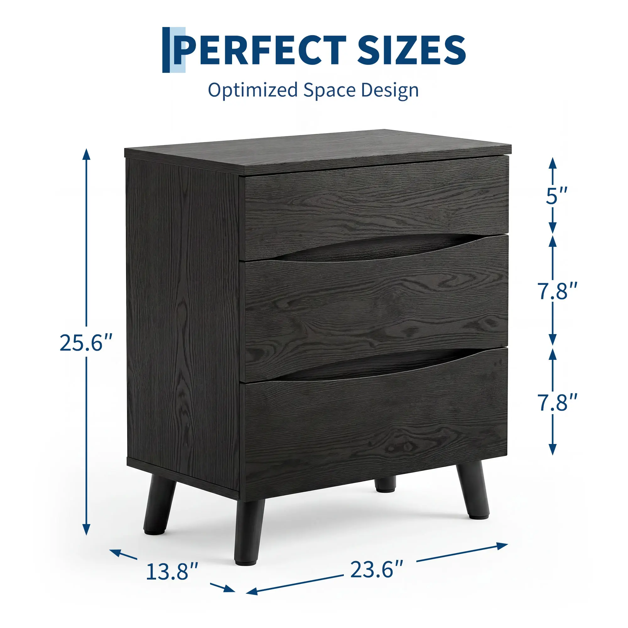 24‑Inch Wide Bedside Table with 3 Storage Drawers, Modern Nightstand with Wooden Top, Space‑Saving End Table for Bedroom, Living Room & Office