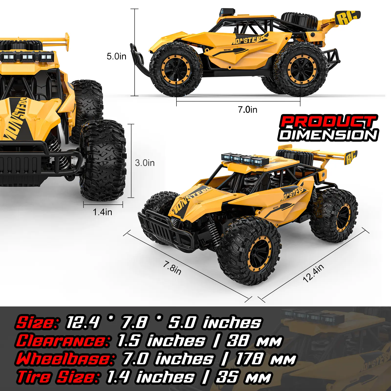 Remote Control Car - 2.4GHz High Speed 33KM/H RC Cars Toys, 1:12 Monster RC Truck Off Road with LED Headlight and Rechargeable Battery Gifts for Adults Boys 8-12 rc car Outdoorfun Durable