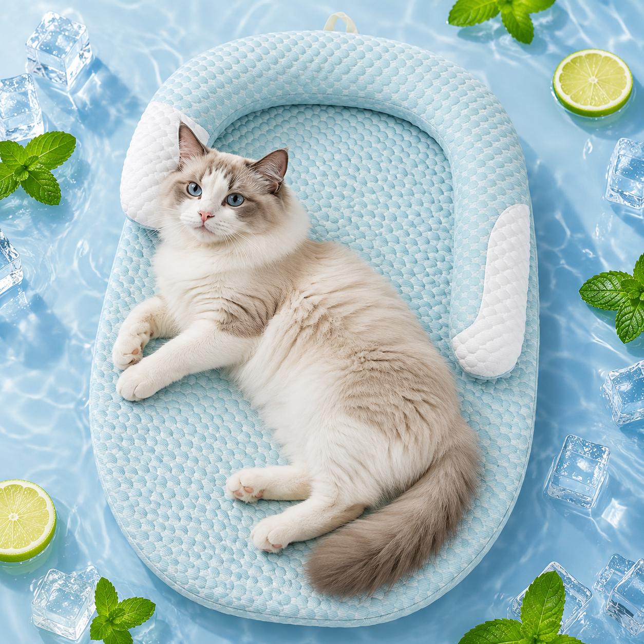 KittyDine Cooling Kitten Bed for Small Dogs & Cats - Cool-to-the-Touch Mat, Detachable U-Shaped Bolster, Polyurethane Foam Cushioned Base, Machine Washable Cover, Non-Slip Bottom