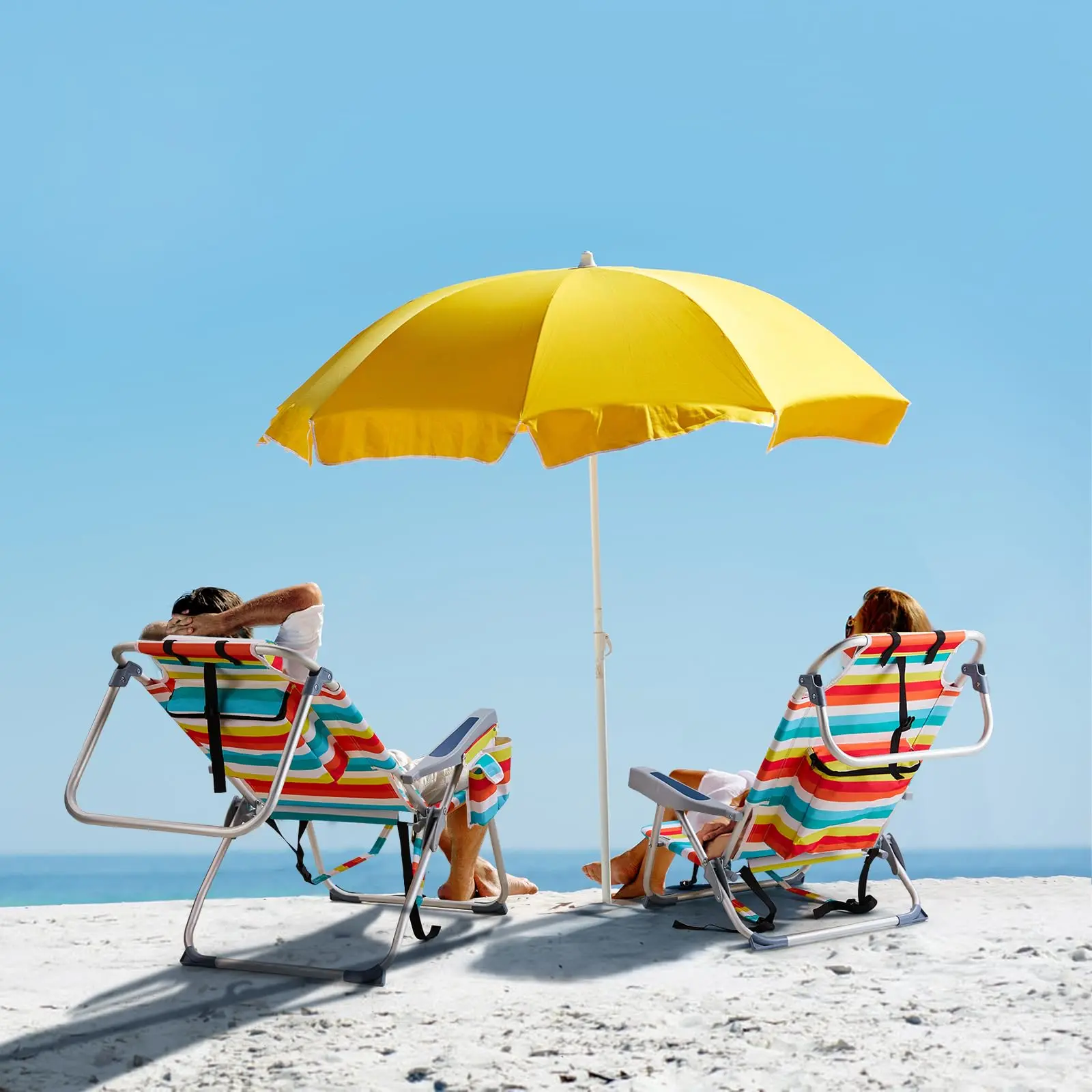 Foldable Aluminum Patio Chair with Headrest & Storage Pouch, Lightweight Collapsible Frame, 220 lbs/100 kg Capacity, Adjustable Portable Compact Chair for Camping, Beach (Colorful Stripes), Foldable Chairs, Adjustable Portable Chairs