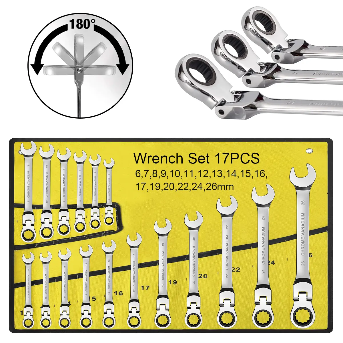 17Pcs Flexible Head Combination Wrench Set - Chrome Vanadium Steel High Torque Tool, Multifunctional Combination Spanner Kits with Off-Corner Loading, Double-Ended Flexible Extension, No Assembly for Automotive Mechanics & DIY Maintenance, Multifunctional