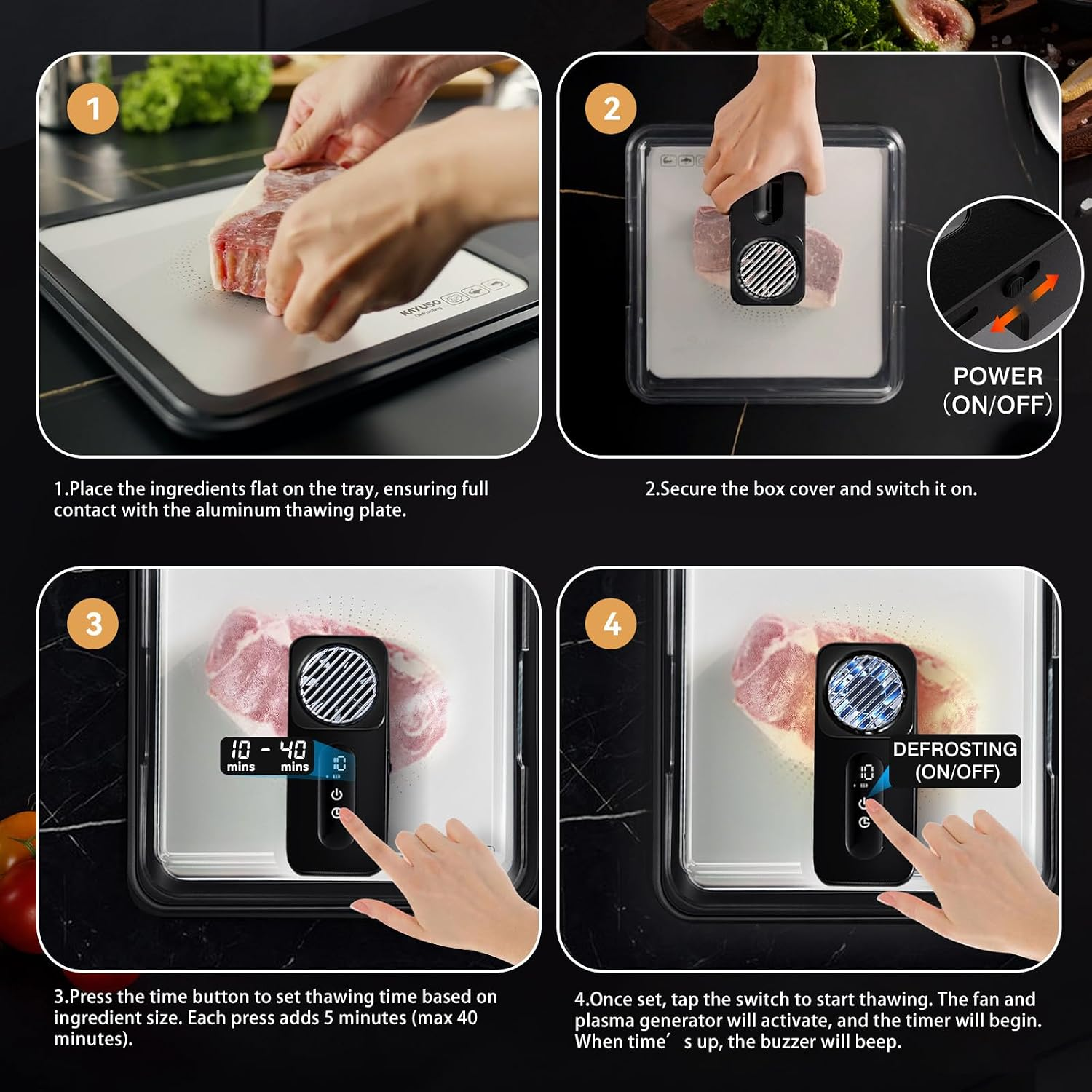 HULIABU Rapid Defrosting Tray for Frozen Meat, Meat Thawing Tray for Frozen Meat with Airflow Technology, Meat Defroster, Smart Defrosting Mat, Thawing Mat, No Microwaves, No Cold/Warm Water Required, White