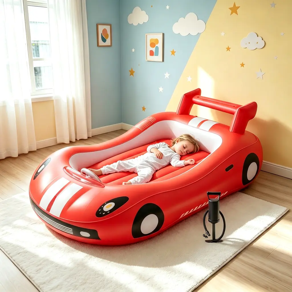 HULIABU Inflatable Kids Travel Bed, Toddler Airbed with Sides, Hand Pump Included, Portable Racing Car Design, Safe Materials for Camping, Traveling Hotel Home Use Self Inflating Bed Quick Inflate tiktokshopbacktoschool