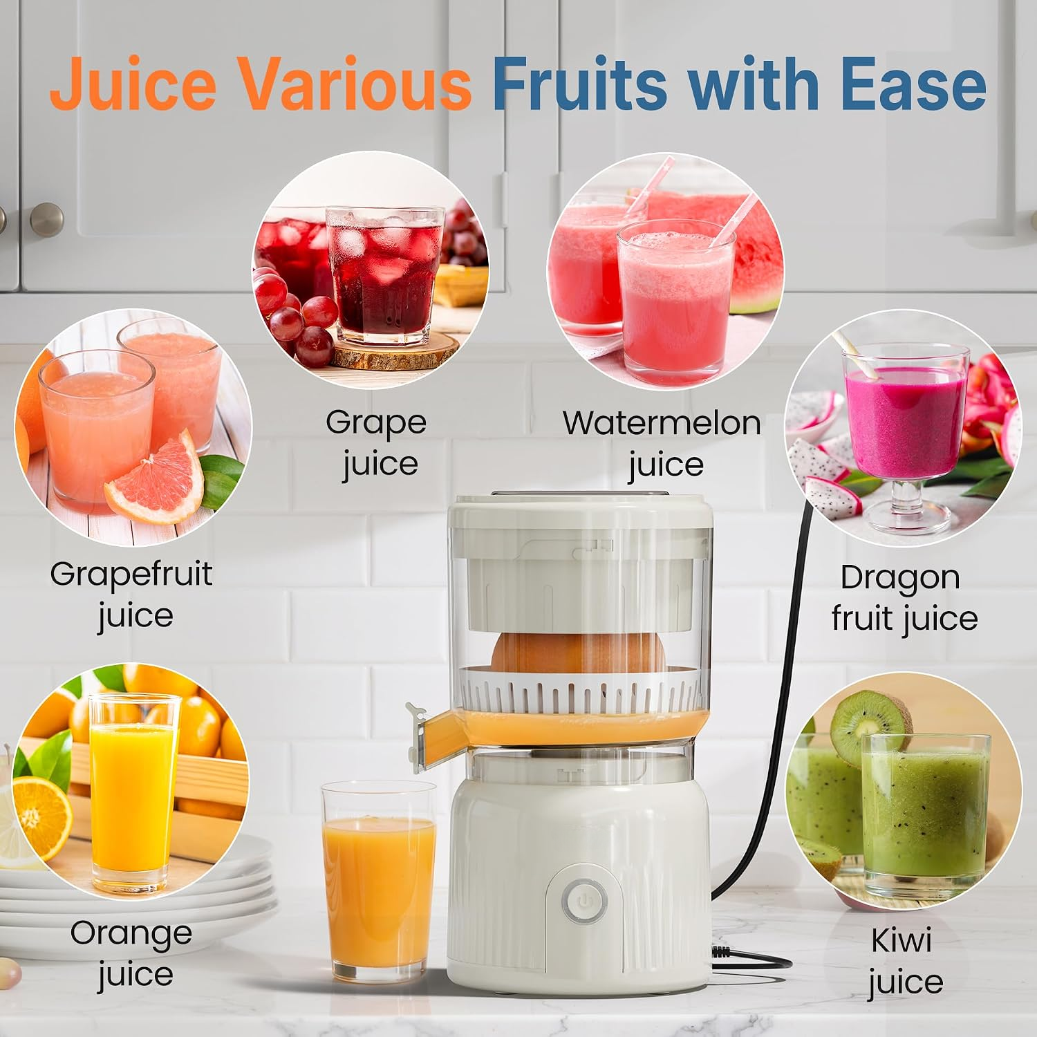 Dual-Head Electric Citrus Juicer, Electric Orange Juicer Machine with Built-in Cutter & Cleaning Brush, Portable Lemon Squeezer One Button Easy to Use for Kitchen