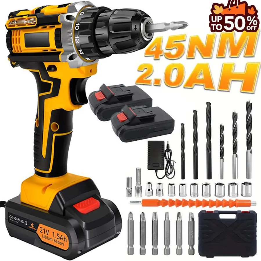 21V Cordless Drill Set with 2 Batteries, Portable 2-Speed DIY Home Tool Kit