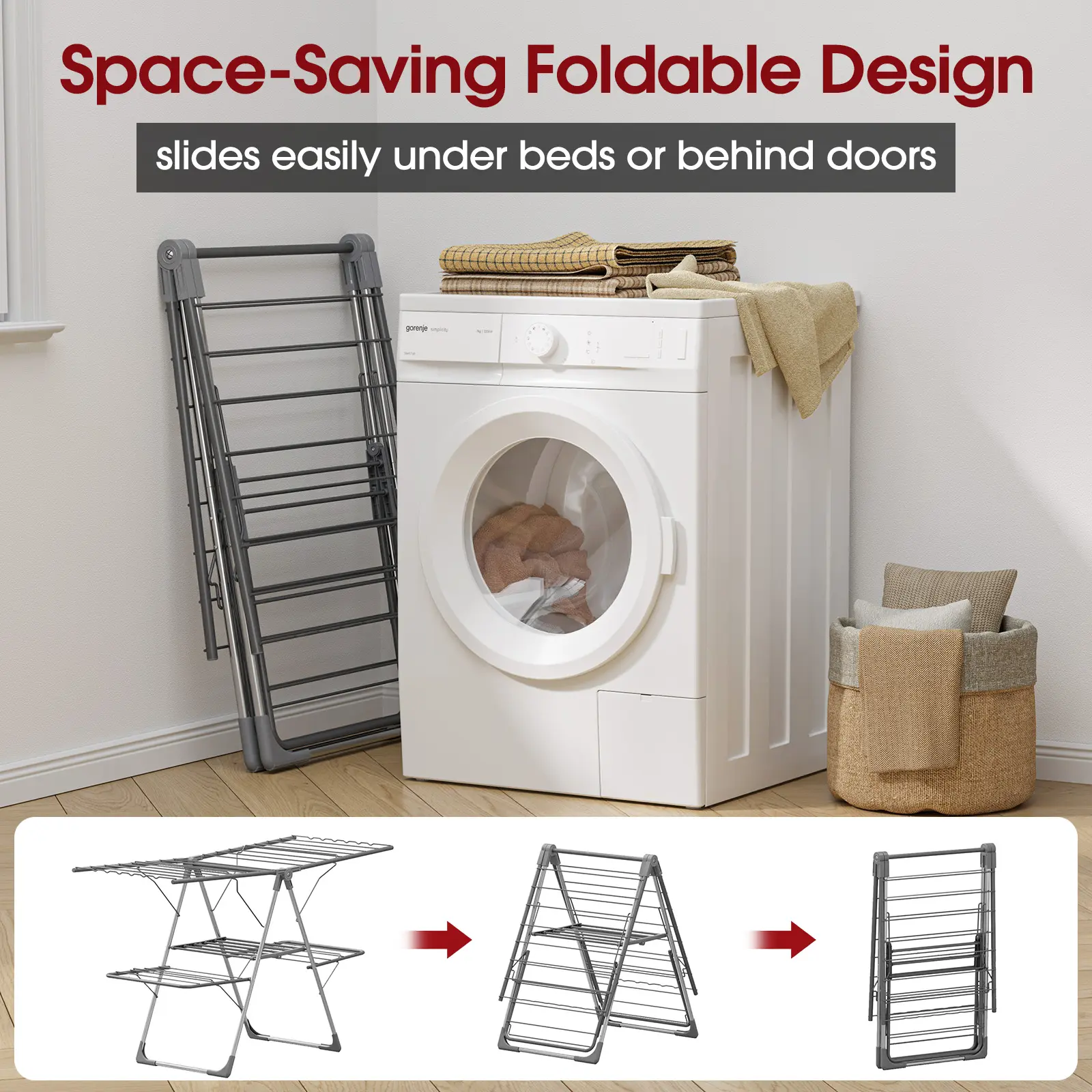 HULIABU Foldable Clothes Drying Rack, Freestanding Laundry Airer with Multiple Hanging Bars, Space-Saving Collapsible Drying Stand for Indoor & Outdoor Use