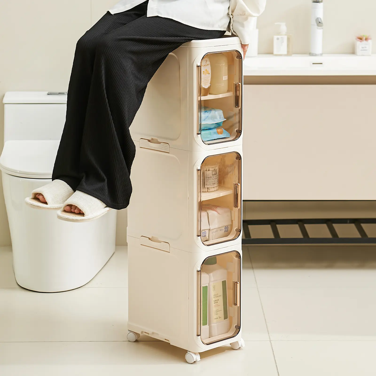 4-Layer Tall Narrow Plastic Cabinet - Slim Design, Doors, Adjustable Shelves, Wheels, Stackable, Foldable, Toilet Storage Cabinet, Organizer for Small Spaces, Bathroom Upgrade, Laundry Hacks, Bath Hacks (Midyear Sale Deals)