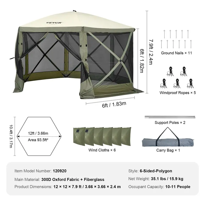 Camping Gazebo Screen Tent, 12*12ft, 6 Sided Pop-up Canopy Shelter Tent with Mesh Windows, Portable Carry Bag