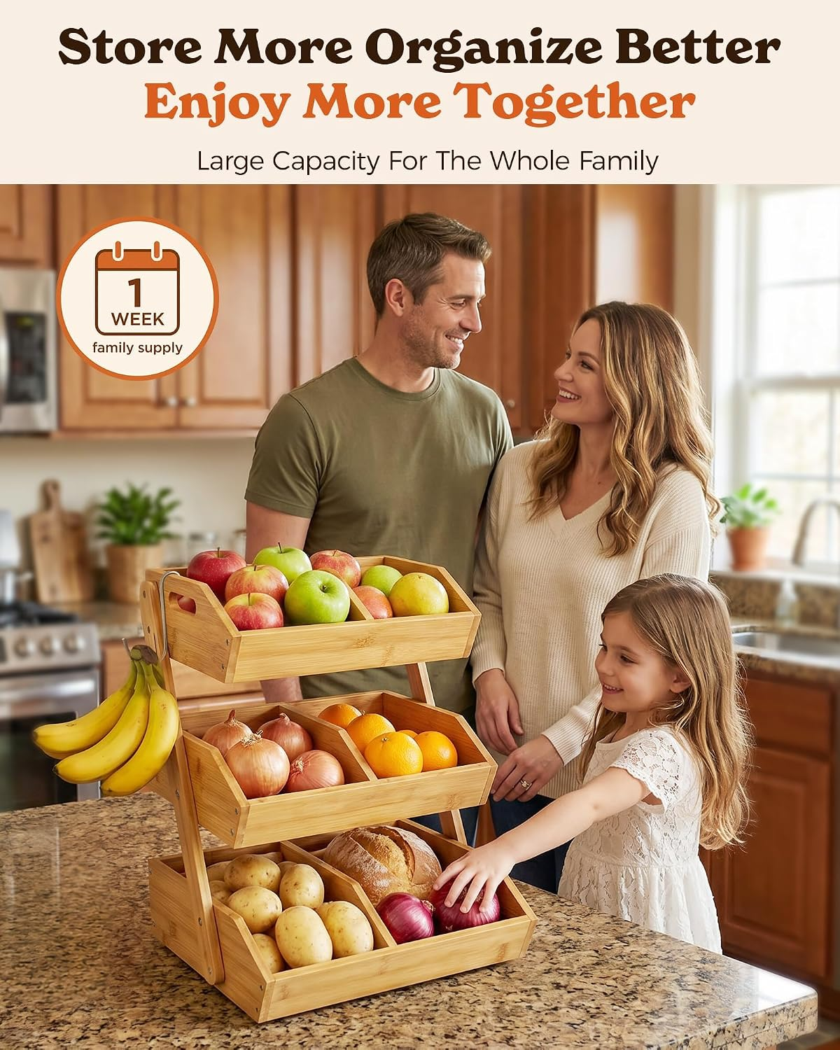 3-Tier Bamboo Fruit & Vegetable Organizer with 2 Banana Holders, Space-Saving Kitchen Countertop Storage