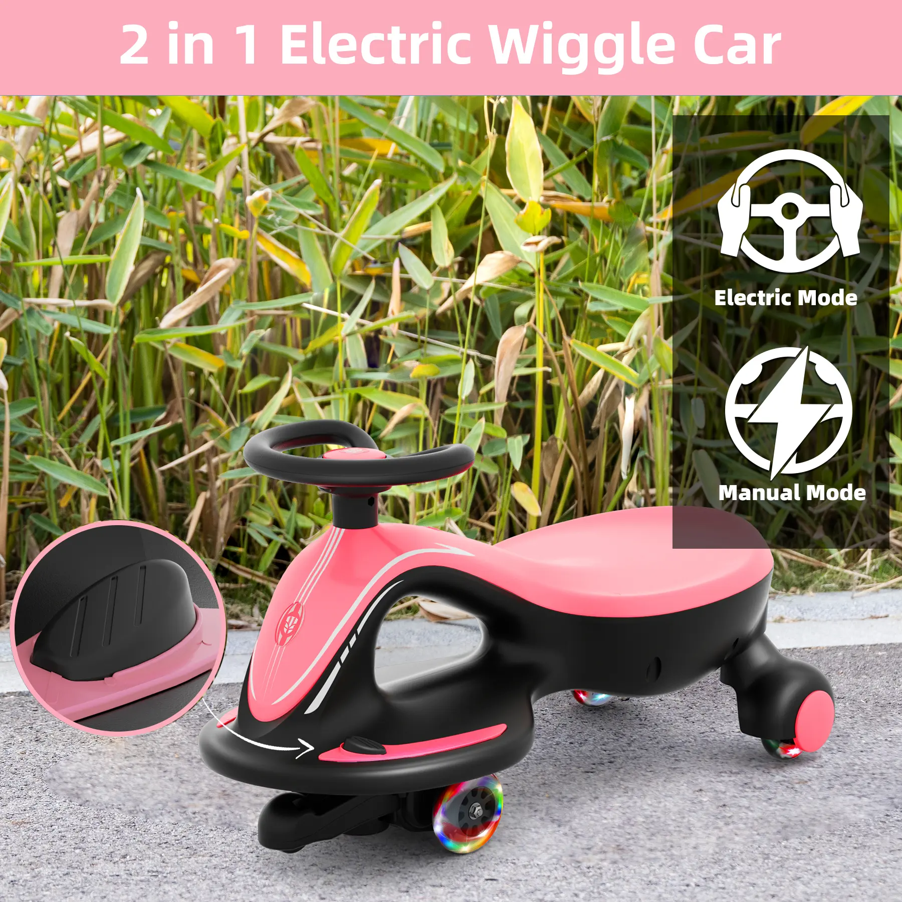 12V Electric Wiggle Car 2 in 1 Ride On Toy, Rechargeable Battery with Colorful Light-Emitting Wheel for Kids Gift