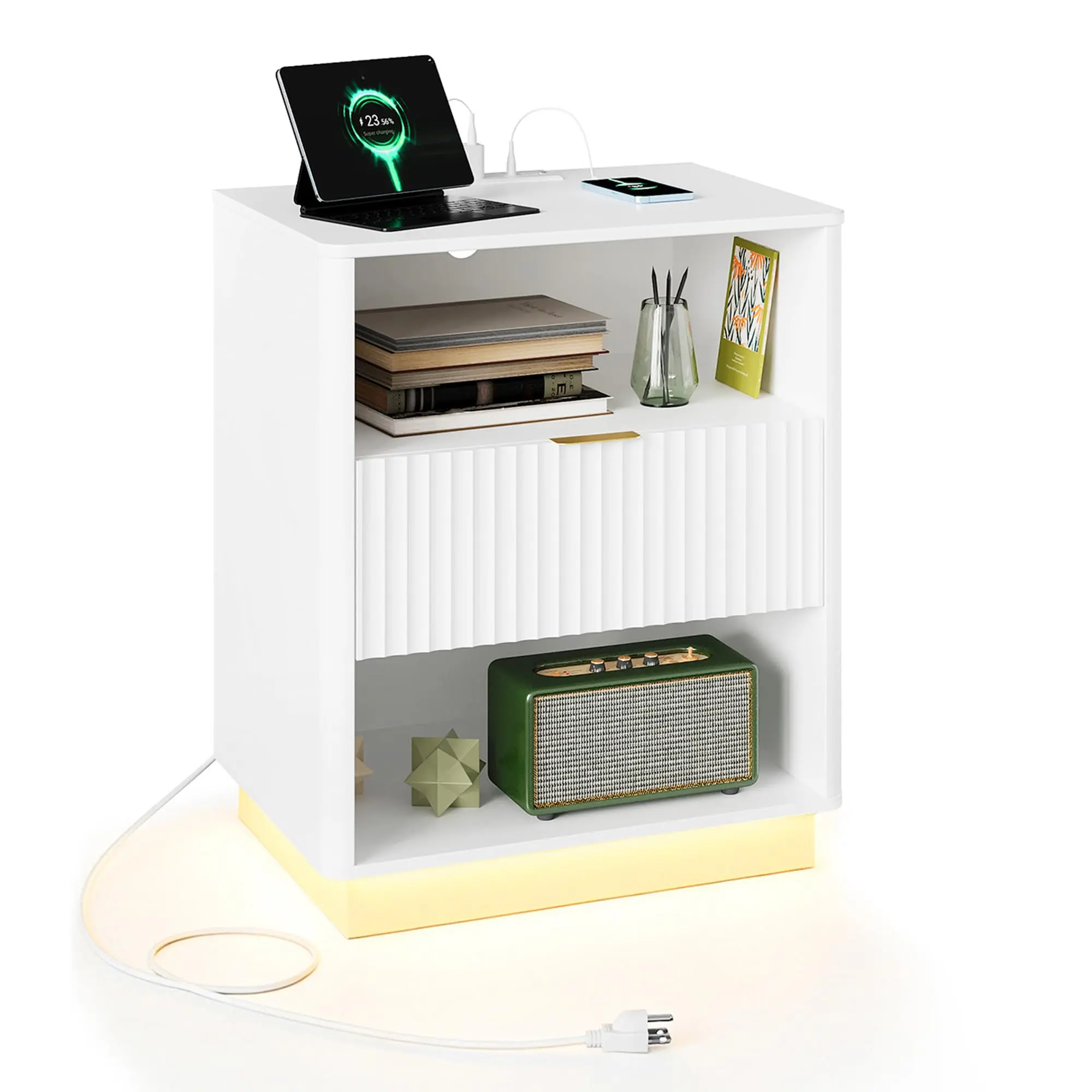 Modern Fluted Bedside Table with Built‑in Charging Ports & LED Light, Solid Wood Nightstand with Drawer, Mid‑Century End Table for Bedroom & Living Room