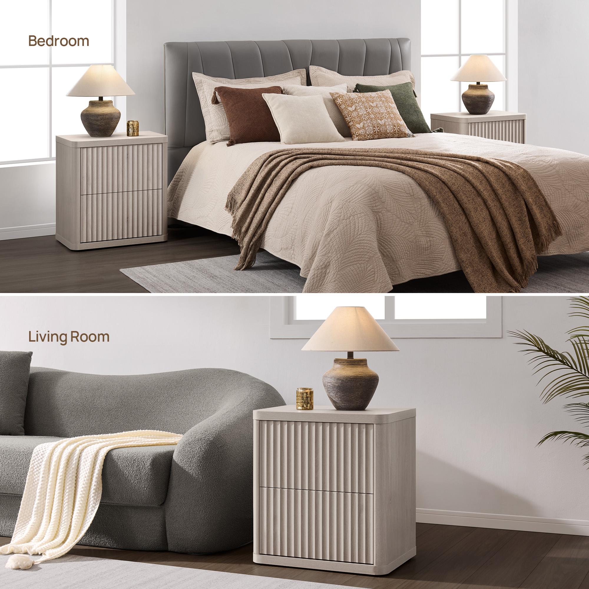 SICOTAS Set of 2 Wood Nightstands - 22.75" Wide Contemporary End Tables, Fluted Modern Bedside Table Cabinets with 2 Large Handleless Drawers, Curved Edges for Bedroom Small Spaces Furniture, Bedside Table Cabinet