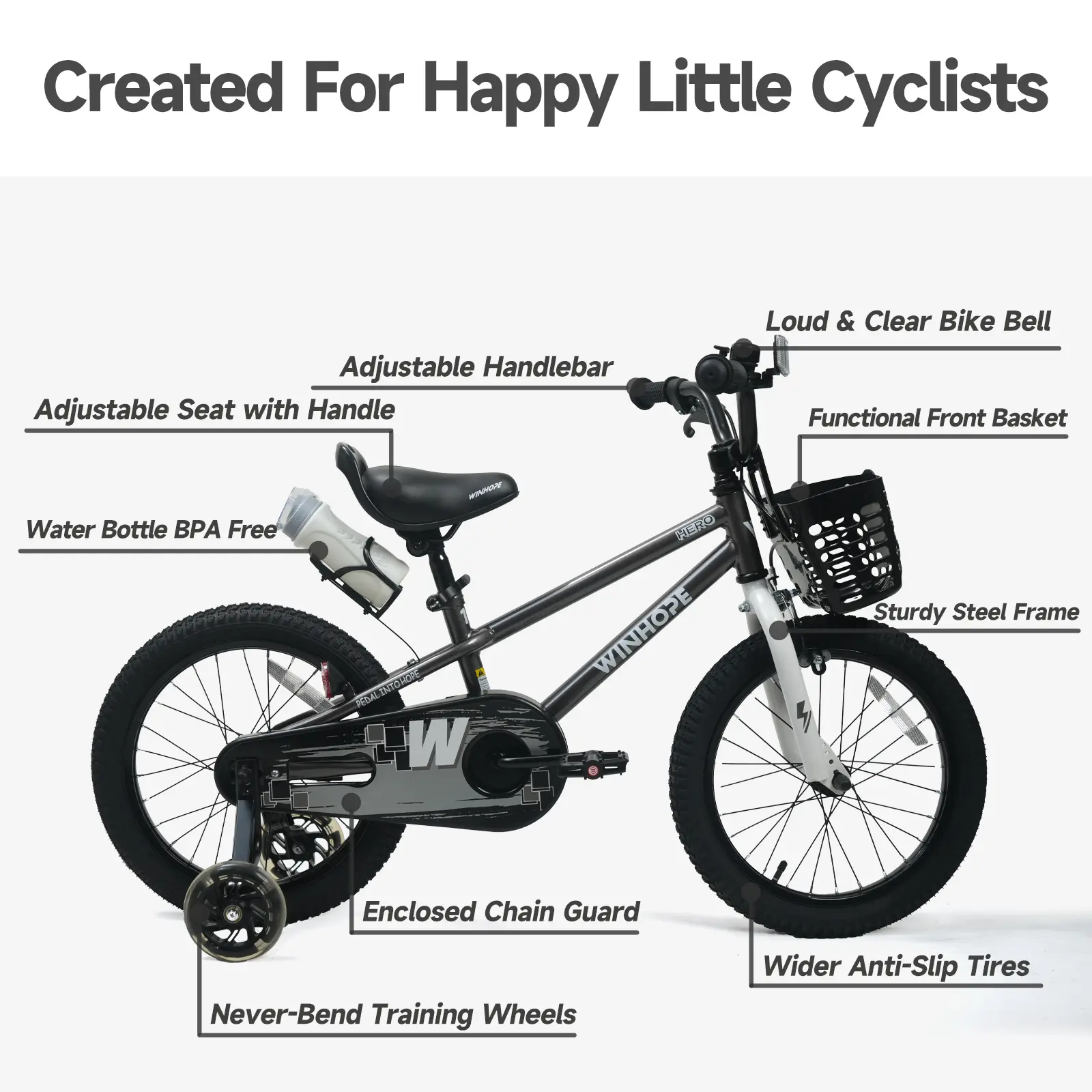 WINHOPE Hero Kids Bike for Ages 2–9 | 12–18 Inch with LED Training Wheels, Front Basket & Water Bottle Holder | 95% Pre-Assembled, Dual Brakes, Adjustable Seat & Handlebars