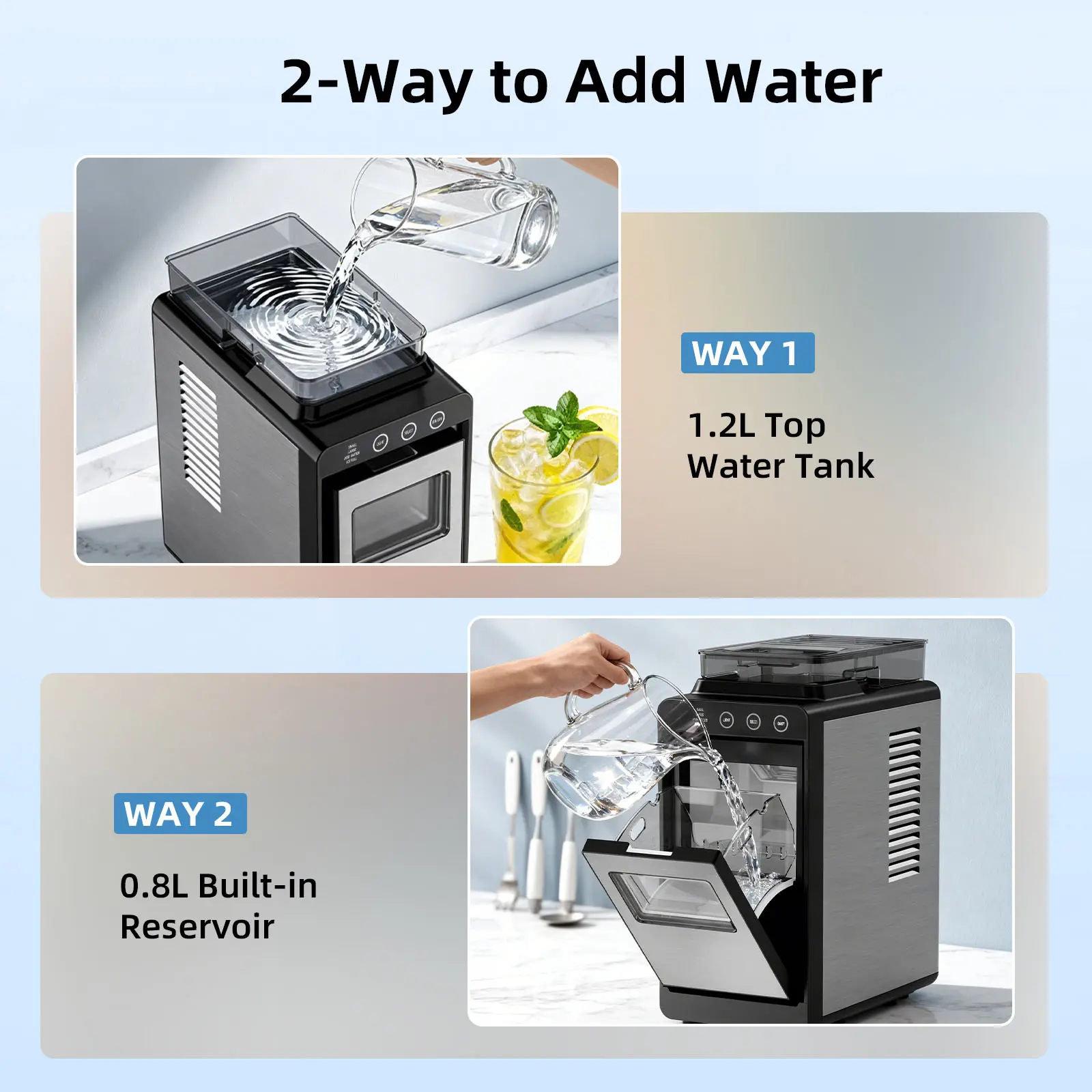 Ice Maker, Portable Ice Machine with Self-Cleaning Function, 8 Cubes in 6 Mins Fast Countertop Ice Making, Compact Ice Cube Maker for Home, Kitchen, RV, Travel, Steel