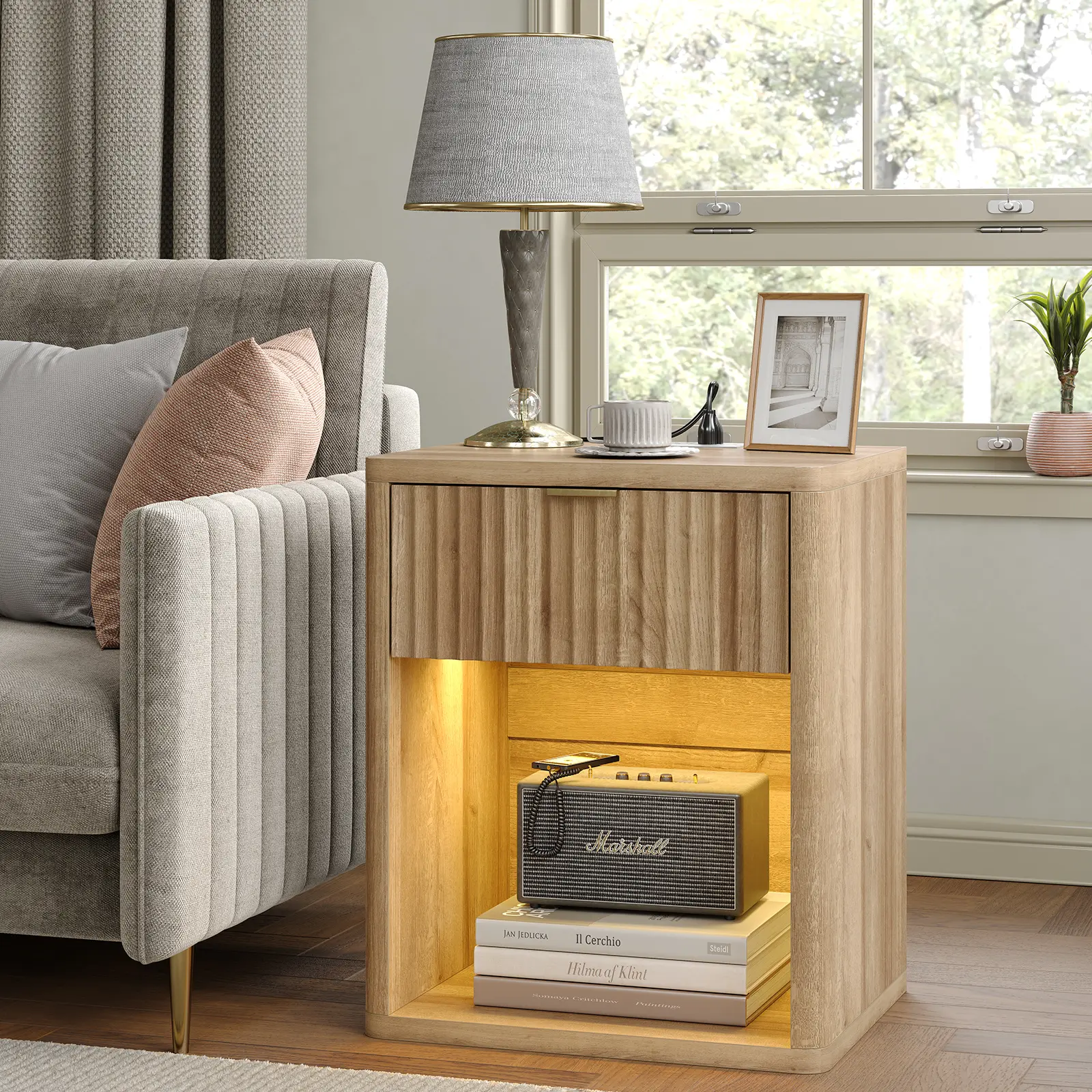Oak Modern Nightstand with Charging Station, Adjustable‑Mode LED Lighting, Drawer & Open Storage Shelf for Bedroom & Living Room