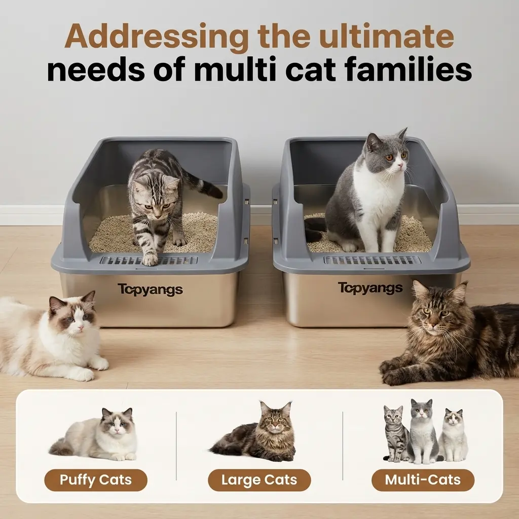 Topyangs 2-Pack Stainless Steel Cat Litter Box, Extra Large High Anti-Splash Sides, Leak-Proof Non-Stick Metal Litter Pans, Easy to Clean, Comes with 2 Litter Scoops, Ideal for Multi-Cat Families