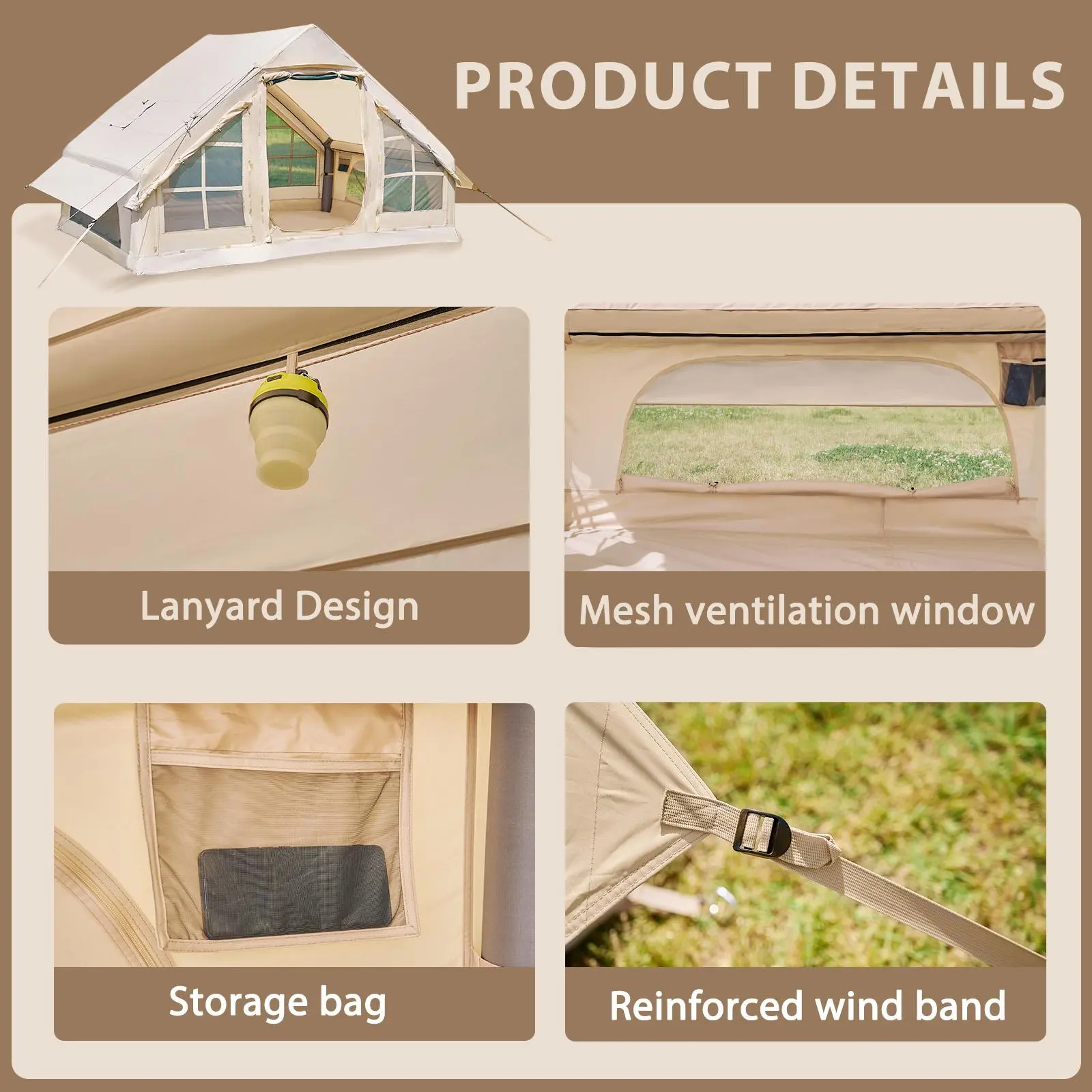 DoCred Large Inflatable Camping Tent with Pump, Glamping Tents with Stove Jack, Easy Set up 4 Season Waterproof Windproof Outdoor Gazebo, Luxury Cabin Tent with Removable Mesh Windows & Doors for Beach, Backyard, Sleepovers, Camping